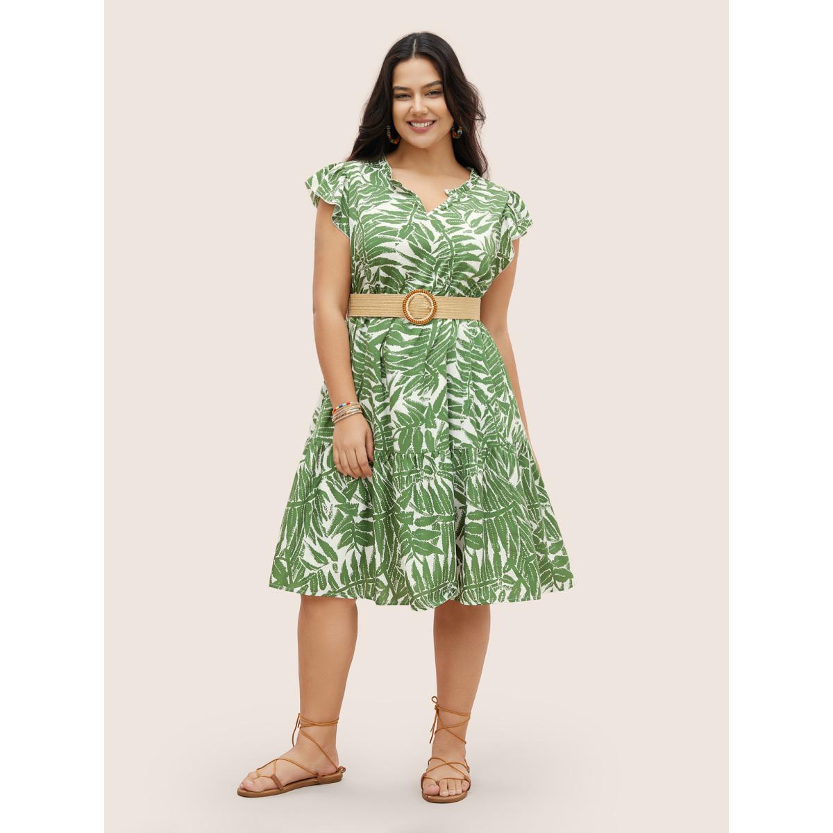 Plus Size Tropical Print Ruffle Cap Sleeve Patchwork Ruffles Dress Moss Women Resort Patchwork Flat collar with V-notch Cap Sleeve Curvy Midi Dress BloomChic 14-16/1X Product Image
