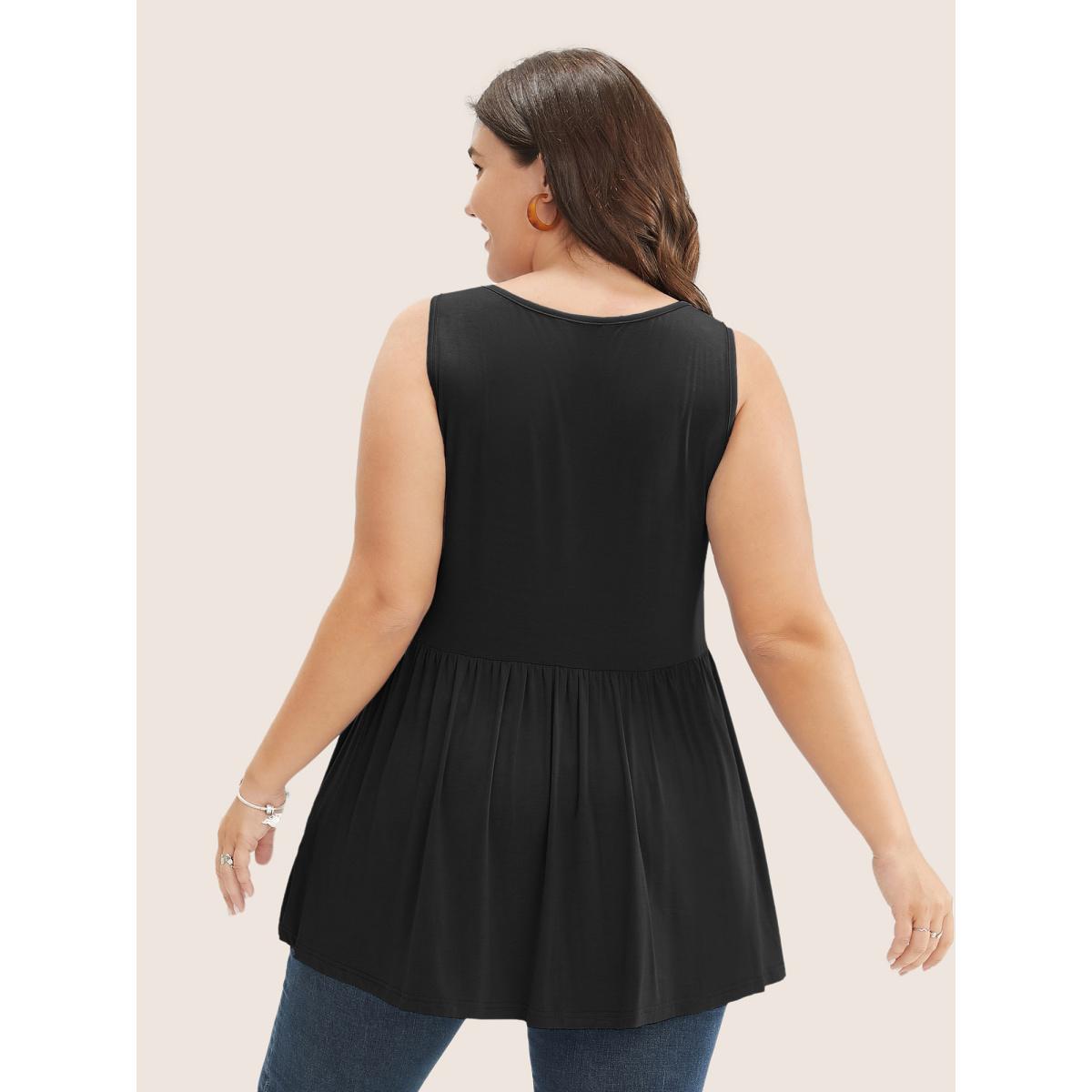 Plus Size Solid Square Neck Button Detail Ruffle Hem Tank Top Women Black Casual Button Square Neck Everyday Tank Tops Camis BloomChic 28/5X Product Image