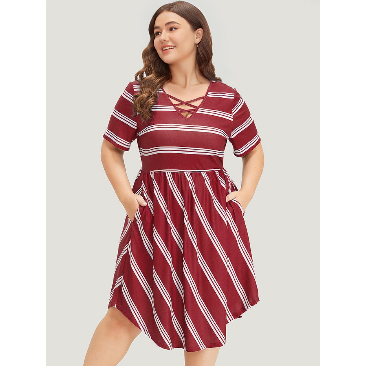 Plus Size Striped Print Pocket Crisscross Curved Hem Dress Blue Women Elegant Gathered V-neck Short sleeve Curvy Knee Dress BloomChic 28/5X Product Image