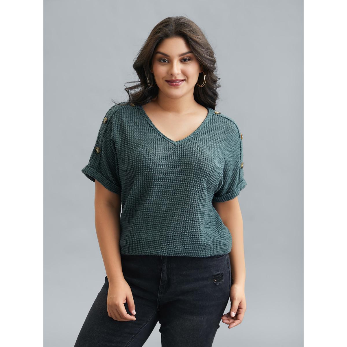 Plus Size Stretchy Buttons Fitted Waffle Knit T-Shirt Teal Women Casual Texture V-neck Everyday T-shirts BloomChic 30/6X Product Image