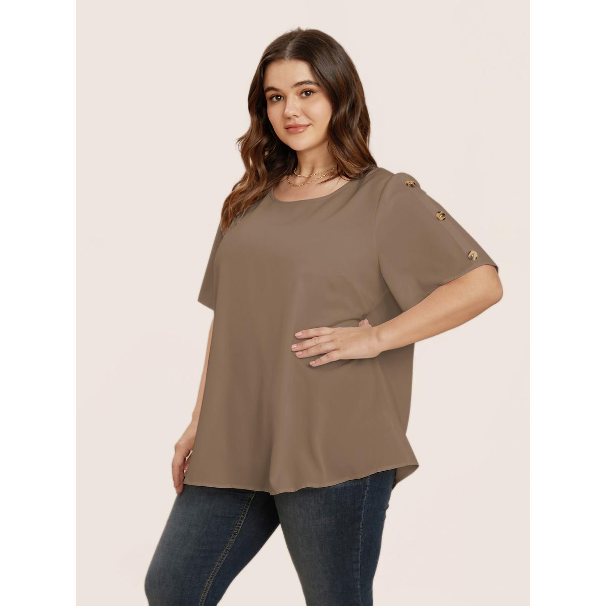 Plus Size Tan Plain Round Neck Button Detail Blouse Women Casual Short sleeve Round Neck Everyday Blouses BloomChic 28/5X Product Image