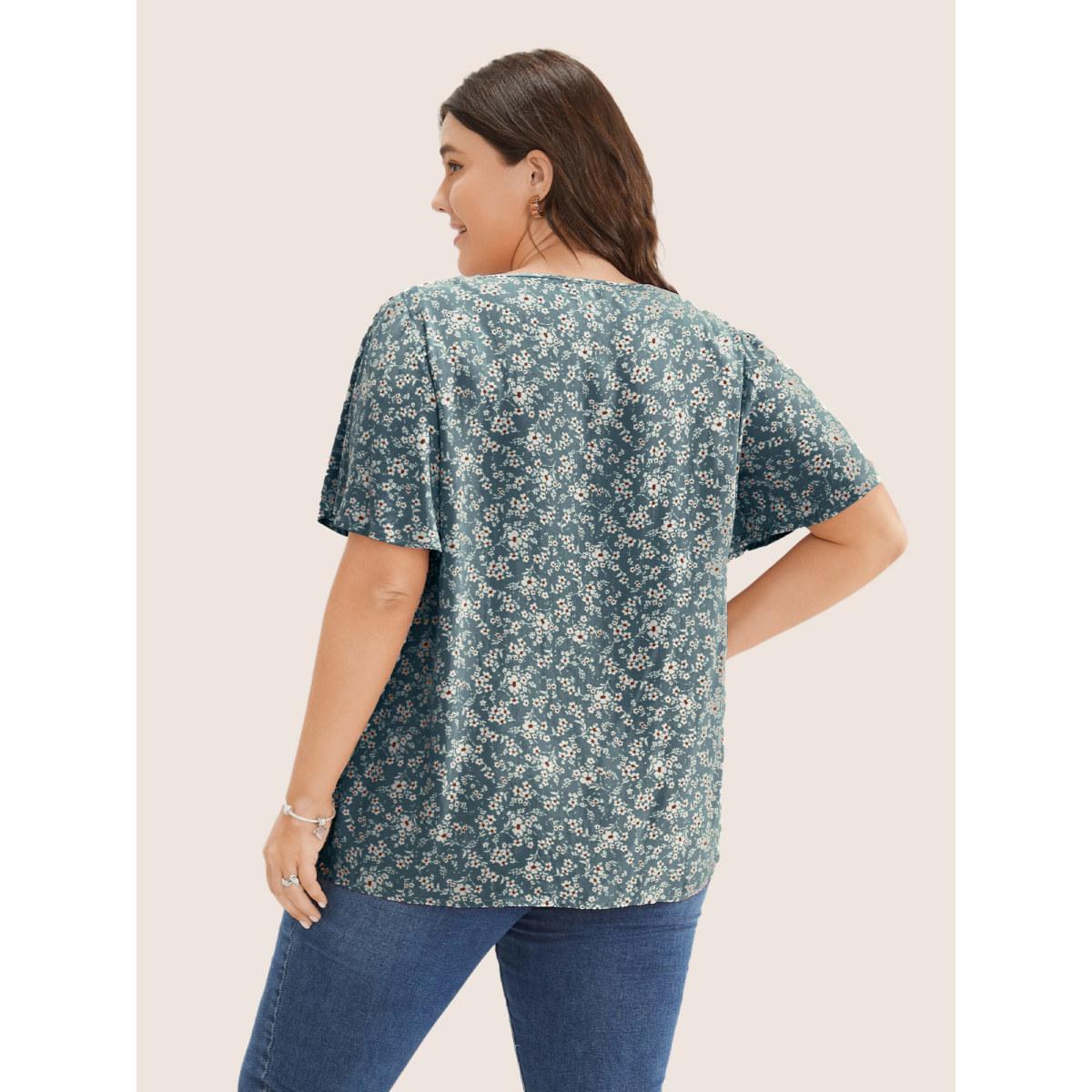 Plus Size Aegean Ditsy Floral Contrast Ruffle Sleeve Button Detail Blouse Women Timeless Short sleeve Non Elegant Blouses BloomChic 18-20/2X Product Image
