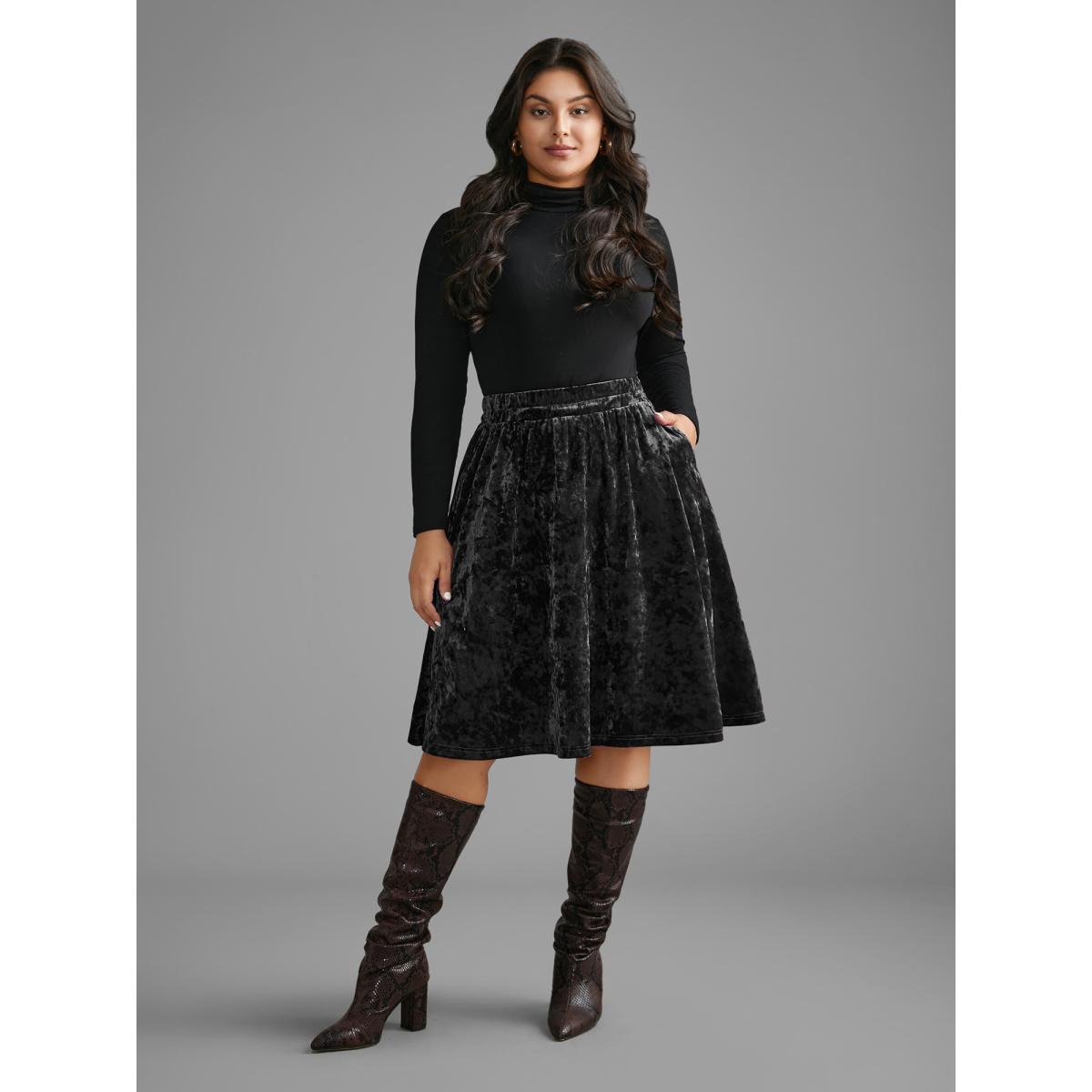 Plus Size Velvet Elastic Waist Skirt Women Black Elegant Loose Medium stretch Slanted pocket Everyday Skirts BloomChic 18-20/2X Product Image