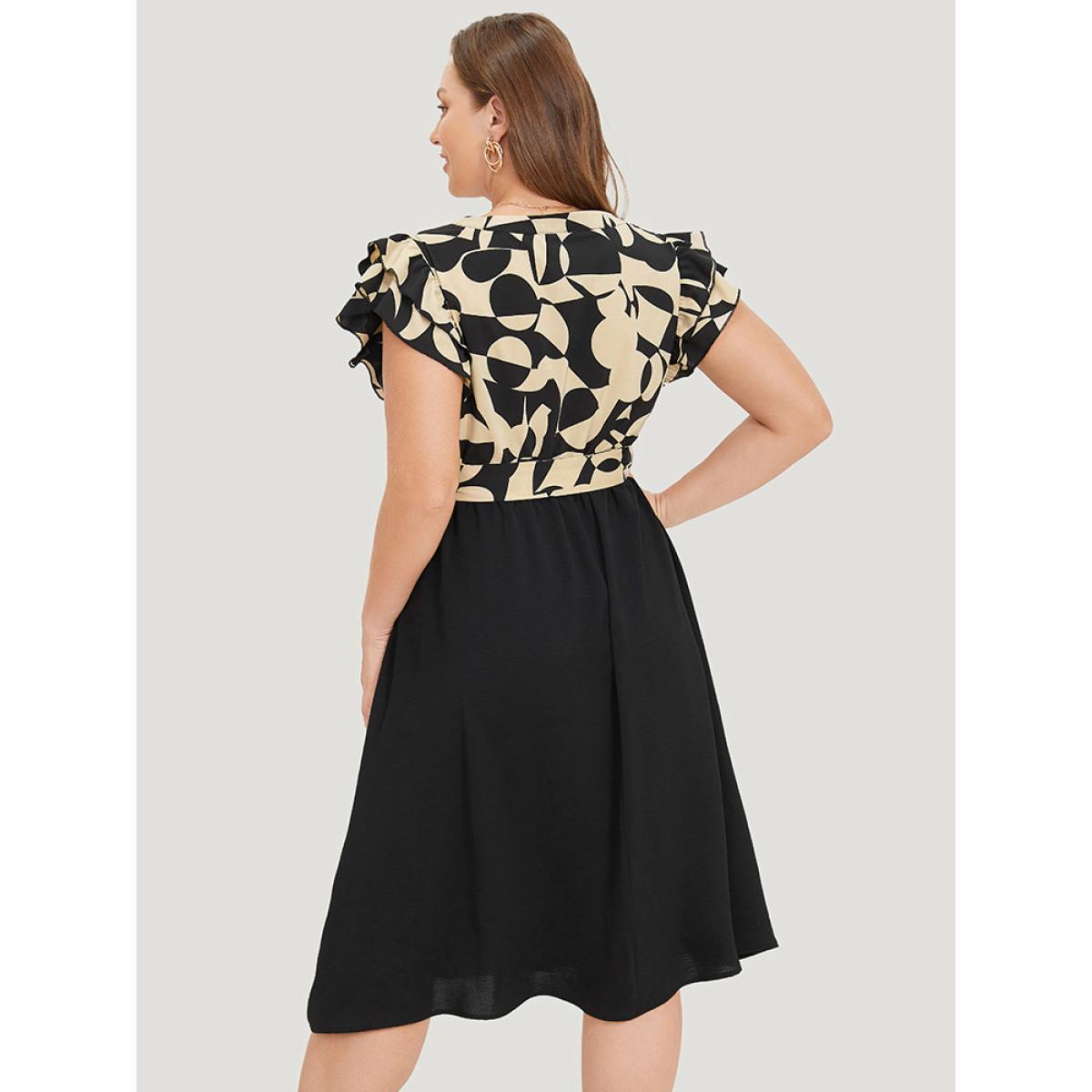 Plus Size Geometric Pocket Belted Ruffle Sleeve Notched Dress Tan Women Office Plain Notched collar Cap Sleeve Curvy Midi Dress BloomChic 30/6X Product Image