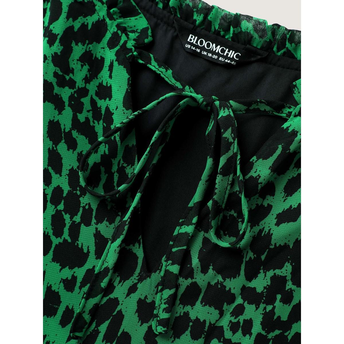 Plus Size DarkGreen Leopard Print Tie Knot Lantern Sleeve Blouse Women Romantic Long Sleeve V-neck Elegant Blouses BloomChic 30/6X Product Image