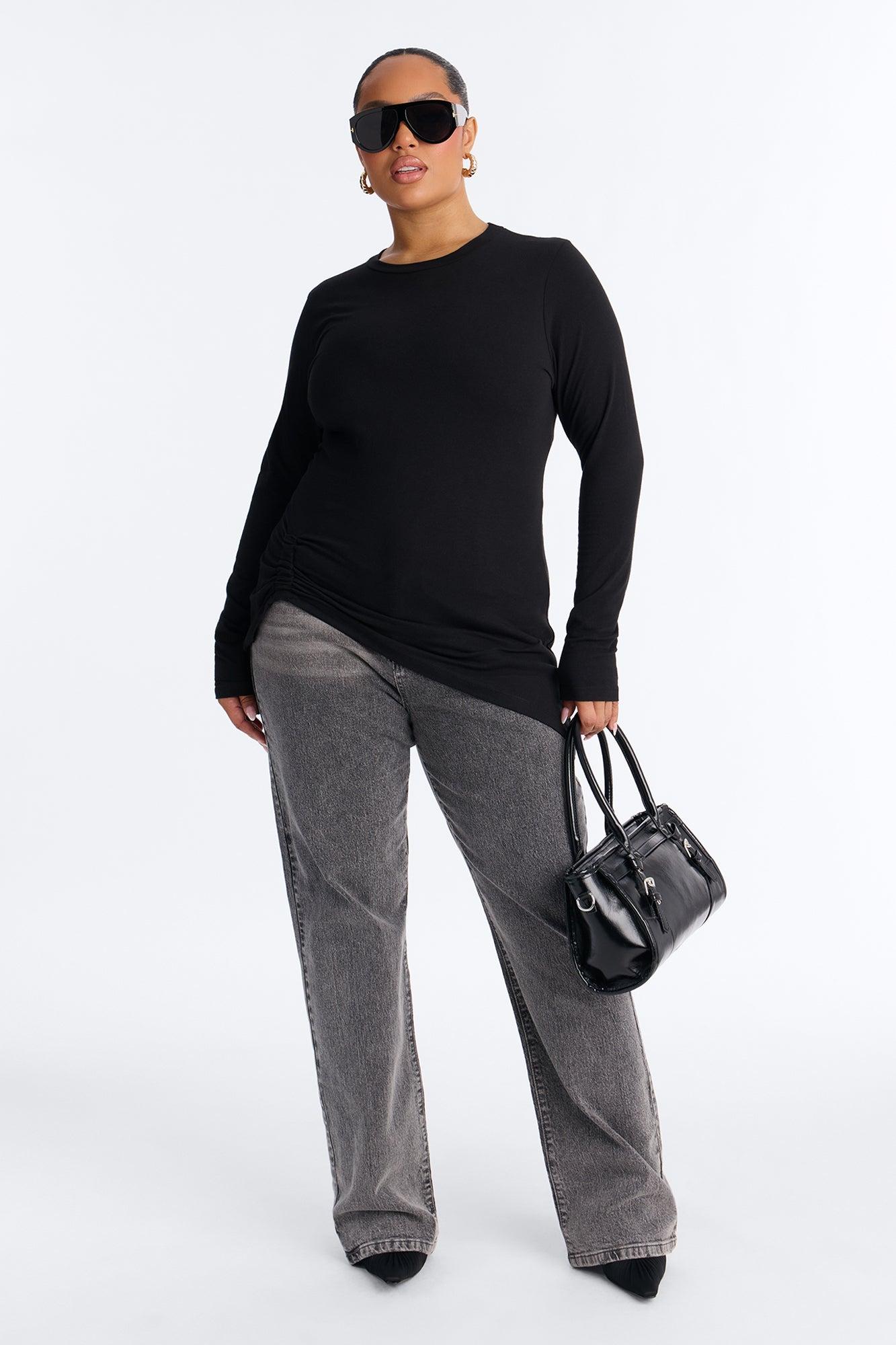 Soft Allure Ruched Asymmetrical Long Sleeve Top - Black Female Product Image