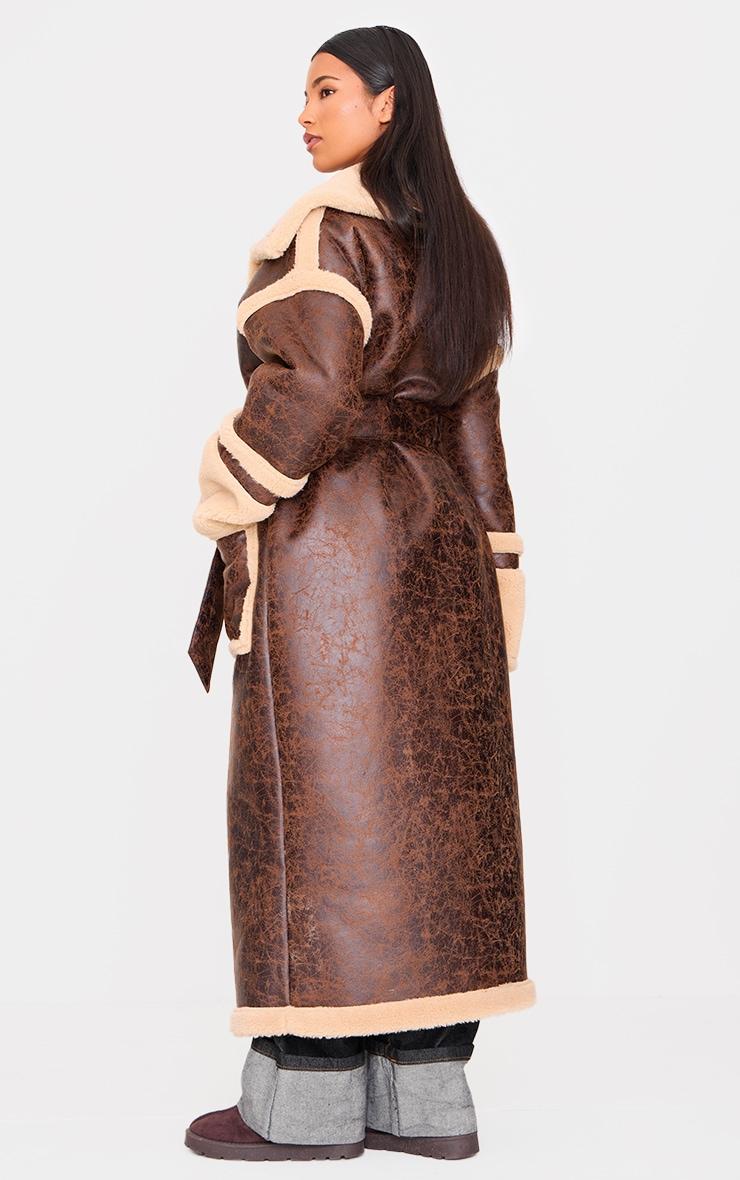 Brown Faux Leather Vintage Look Borg Coat Product Image