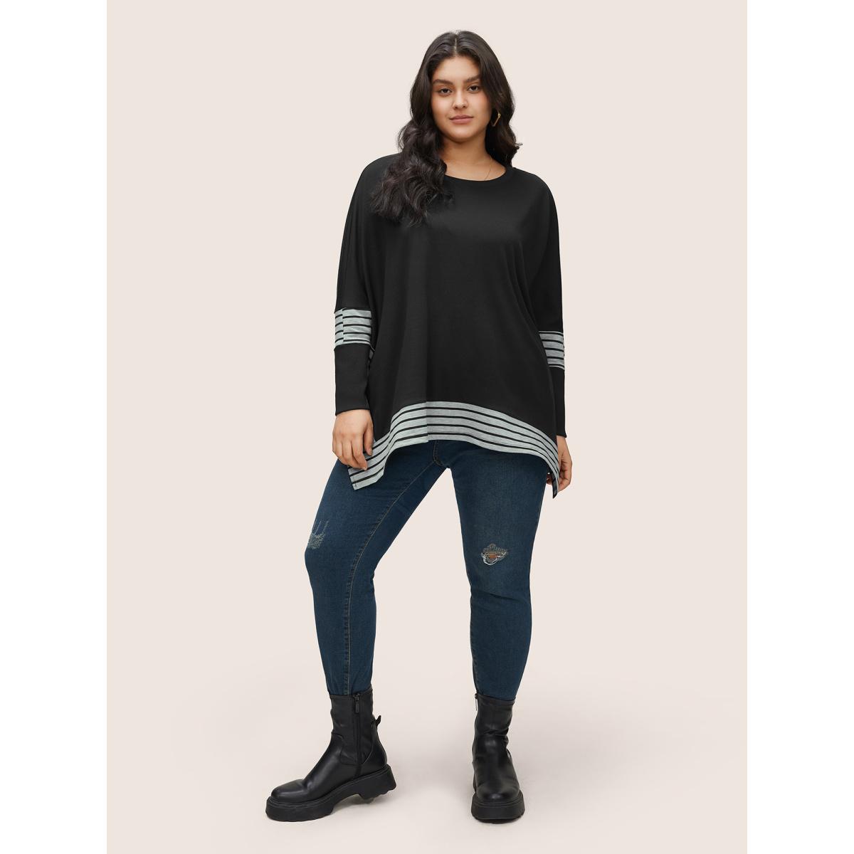 Plus Size Rib Knit Striped Curved Hem Sweatshirt Women Black Casual Contrast Round Neck Everyday Sweatshirts BloomChic 12/L Product Image