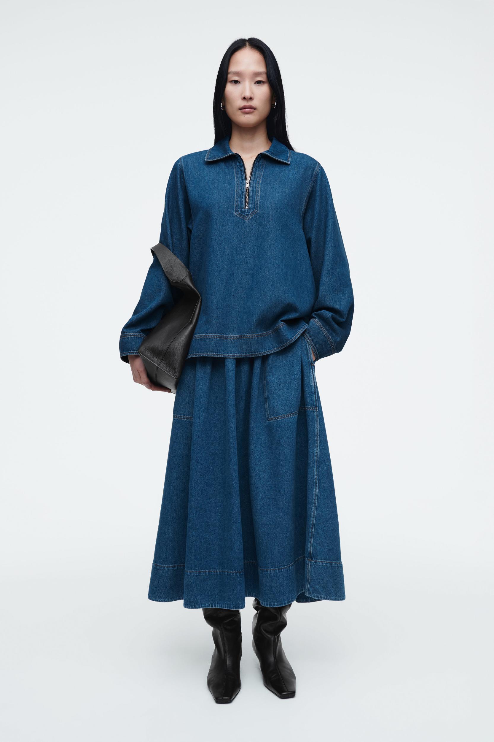 ELASTICATED DENIM MIDI SKIRT Product Image