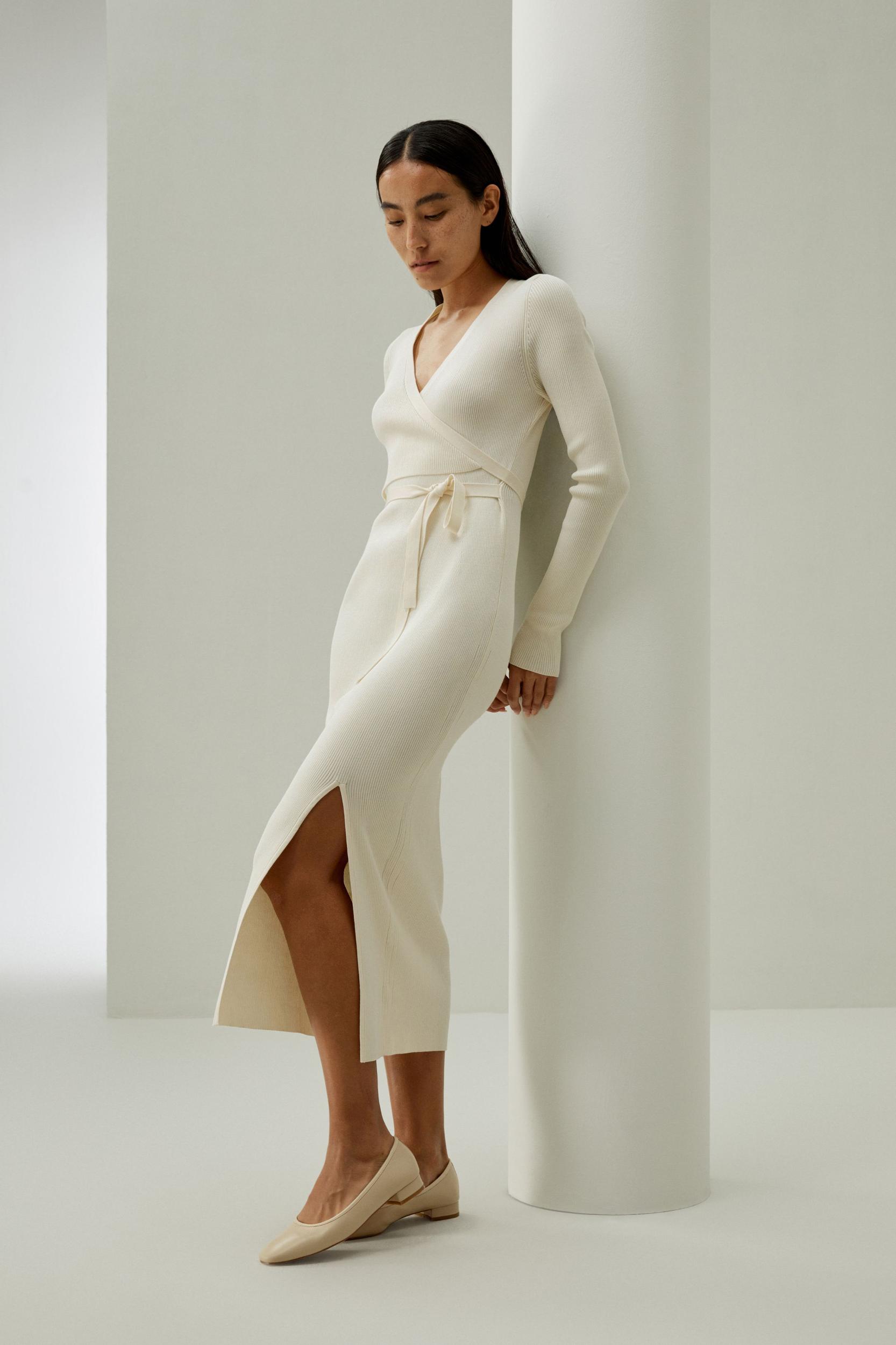 Elegant Wrap-Front Silk Knit Dress Product Image