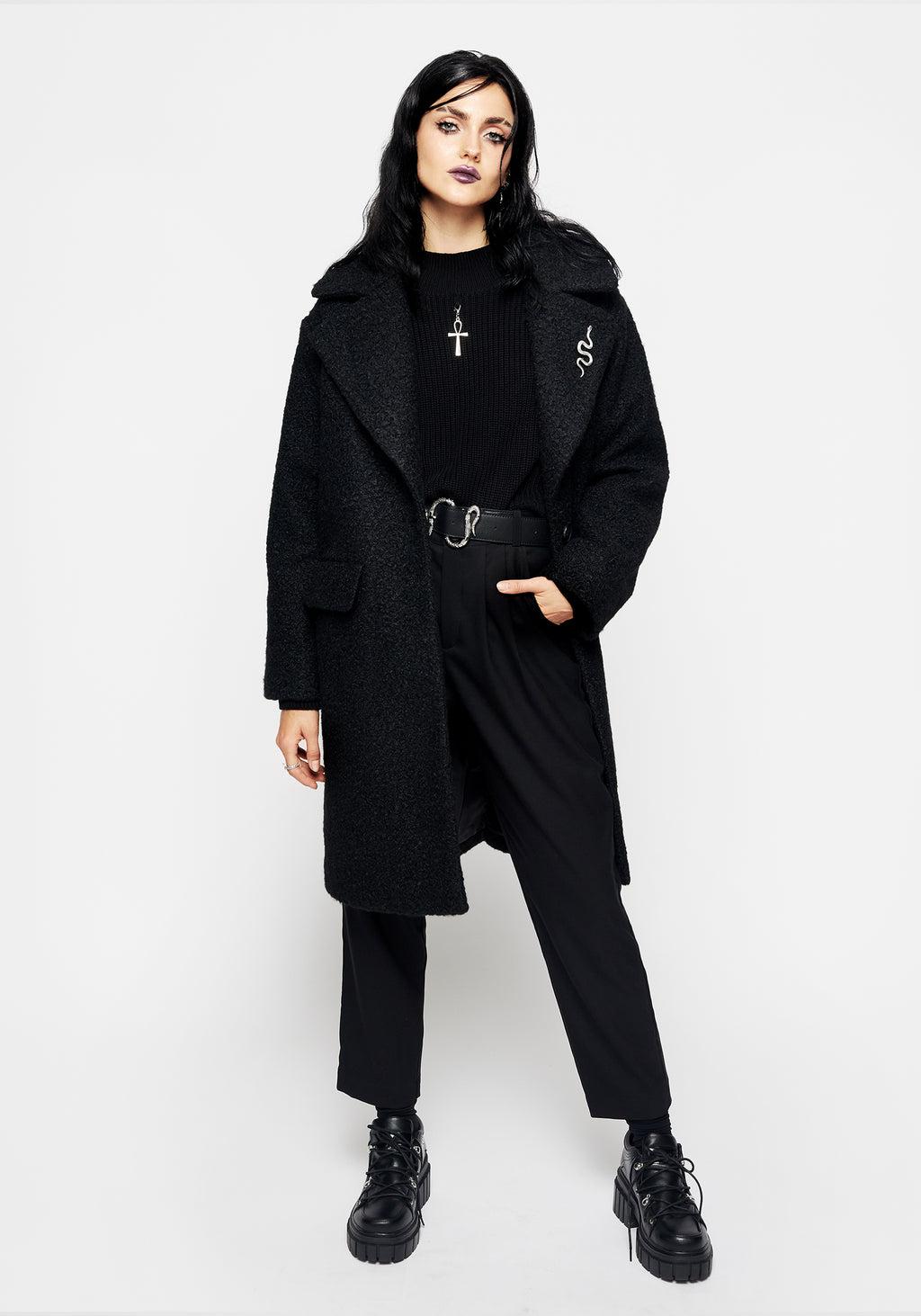 Gorgon Bouclé Oversized Coat with Snake Brooch - Black Product Image
