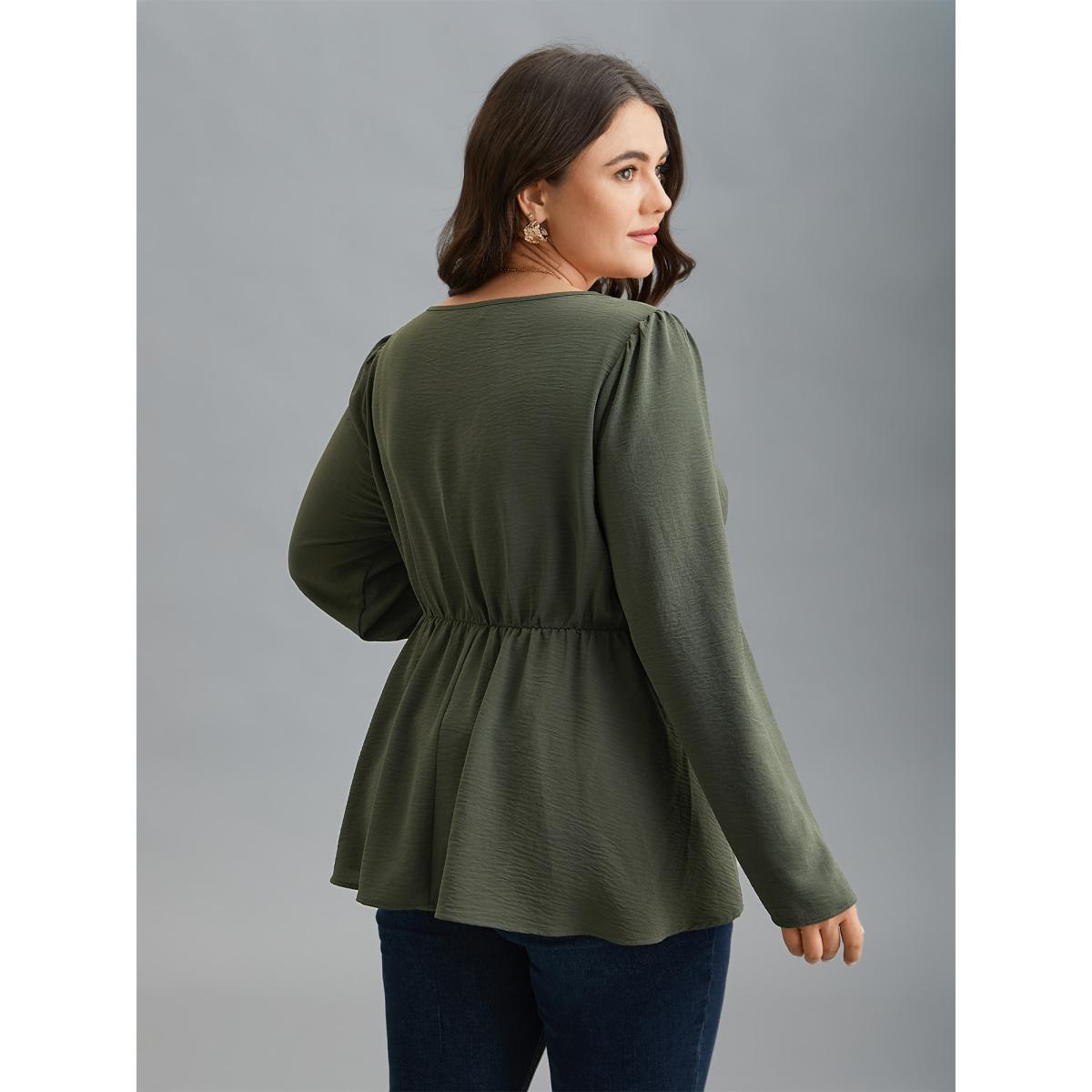 Plus Size ArmyGreen Asymmetrical Neckline Stretchy Waist Plicated Detail Blouse Women Elegant Extra Long Sleeve Asymmetrical Neck Everyday Blouses BloomChic 30/6X Product Image