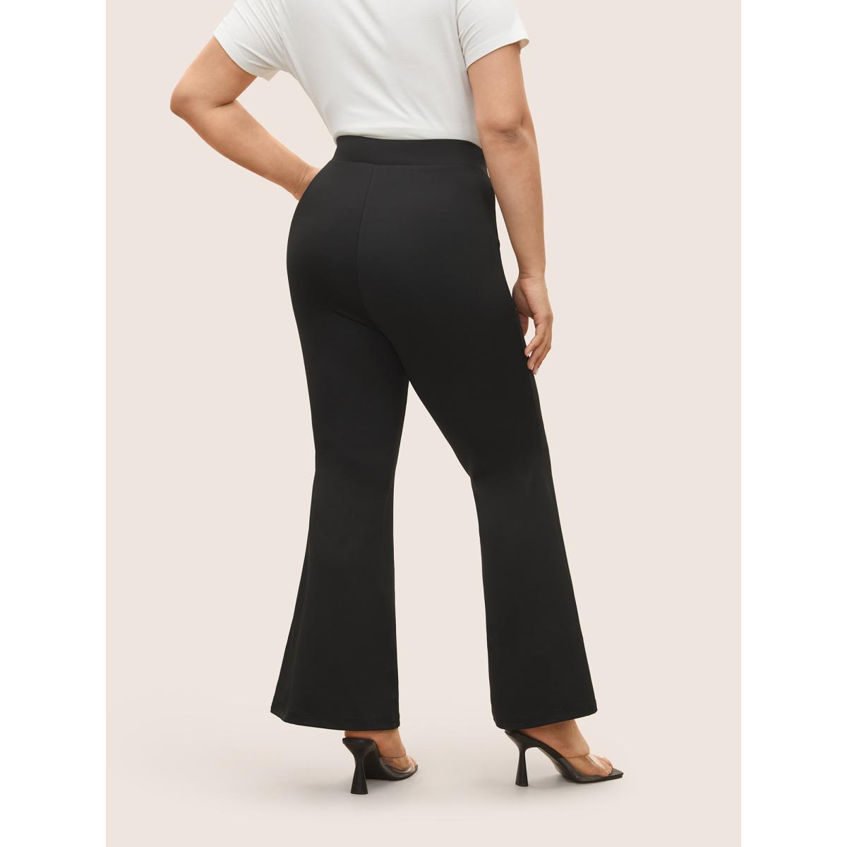 Plus Size Plain Elastic Waist High Rise Flare Leg Pants Women Black Elegant Flare Leg High Rise Everyday Pants BloomChic 10/M Product Image