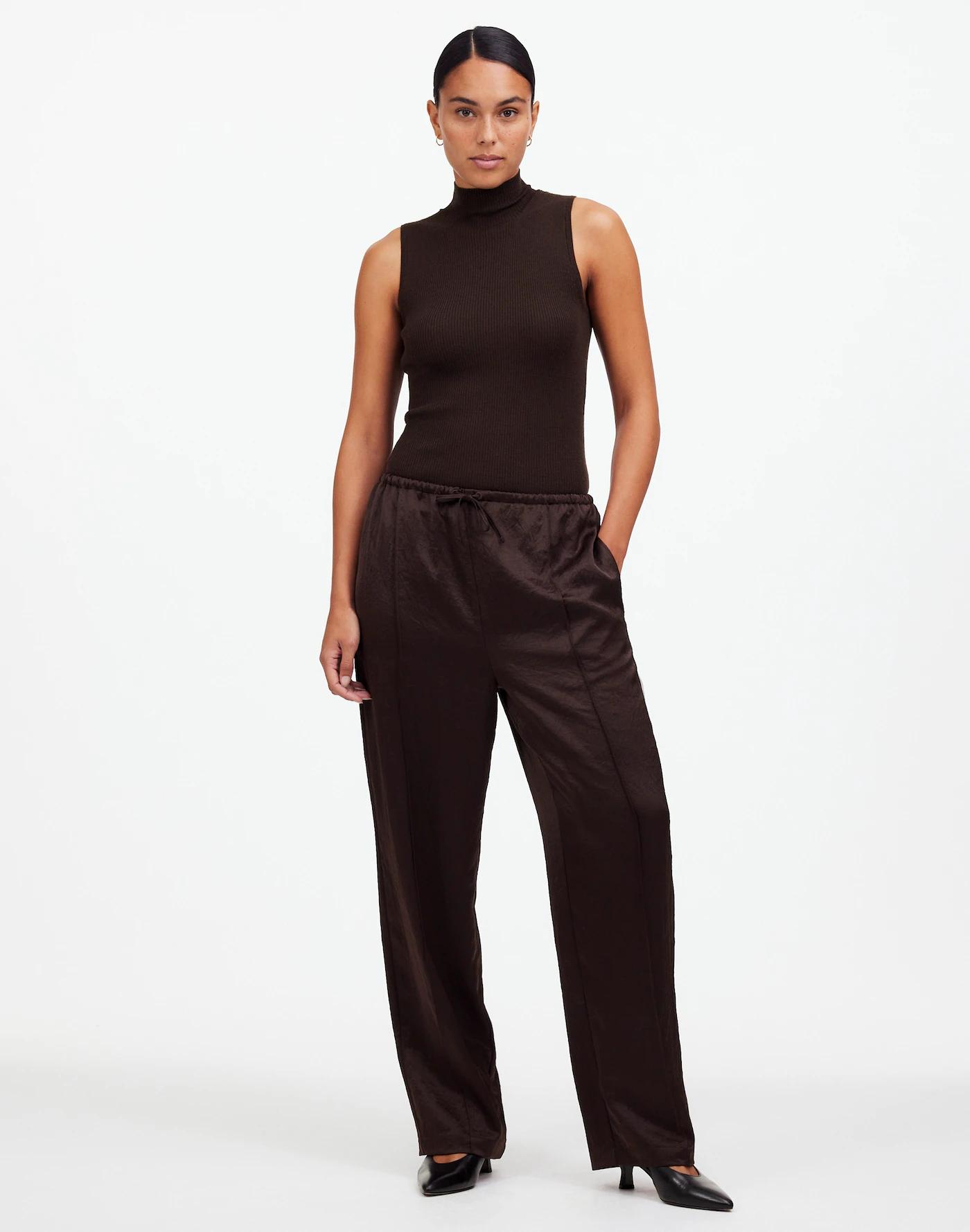 Pintucked Slim Pull-On Pants in Satin Product Image