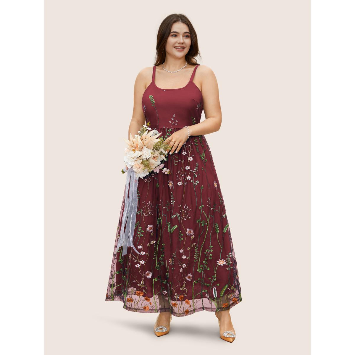 Plus Size U Neck Floral Embroidered Mesh Cami Dress DarkBlue Women Formal U-neck Sleeveless Curvy BloomChic 22-24/3X Product Image