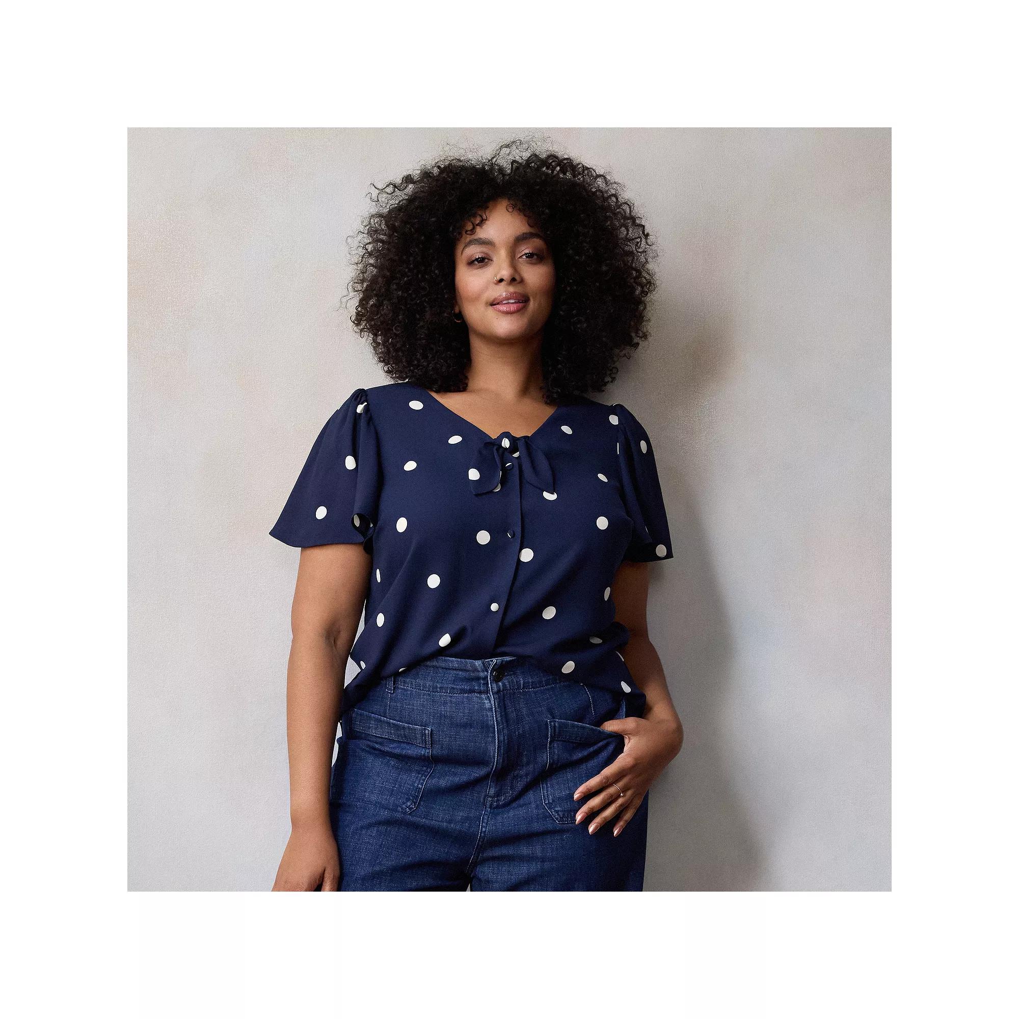 Plus Size LC Lauren Conrad Woven Tie-Front Flutter Sleeve Top, Women's, Size: 2XL, Blue Audrey Dot Product Image