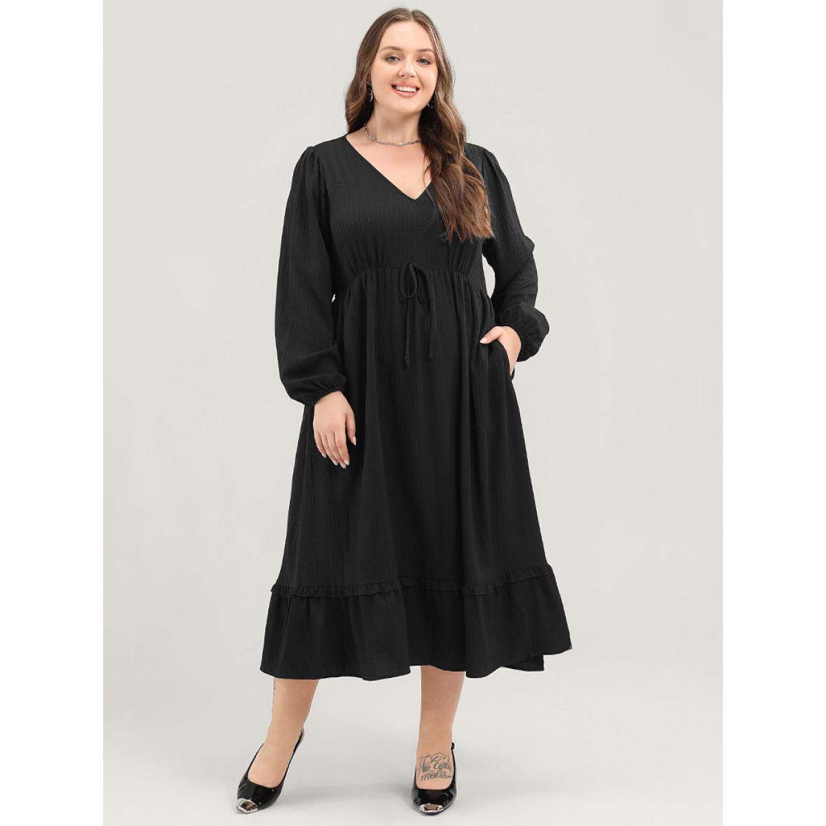 Plus Size Solid Lantern Sleeve Pocket Textured Ties Up Flutter Dress Black Women Office V-neck Long Sleeve Curvy Midi Dress BloomChic 26/4X Product Image