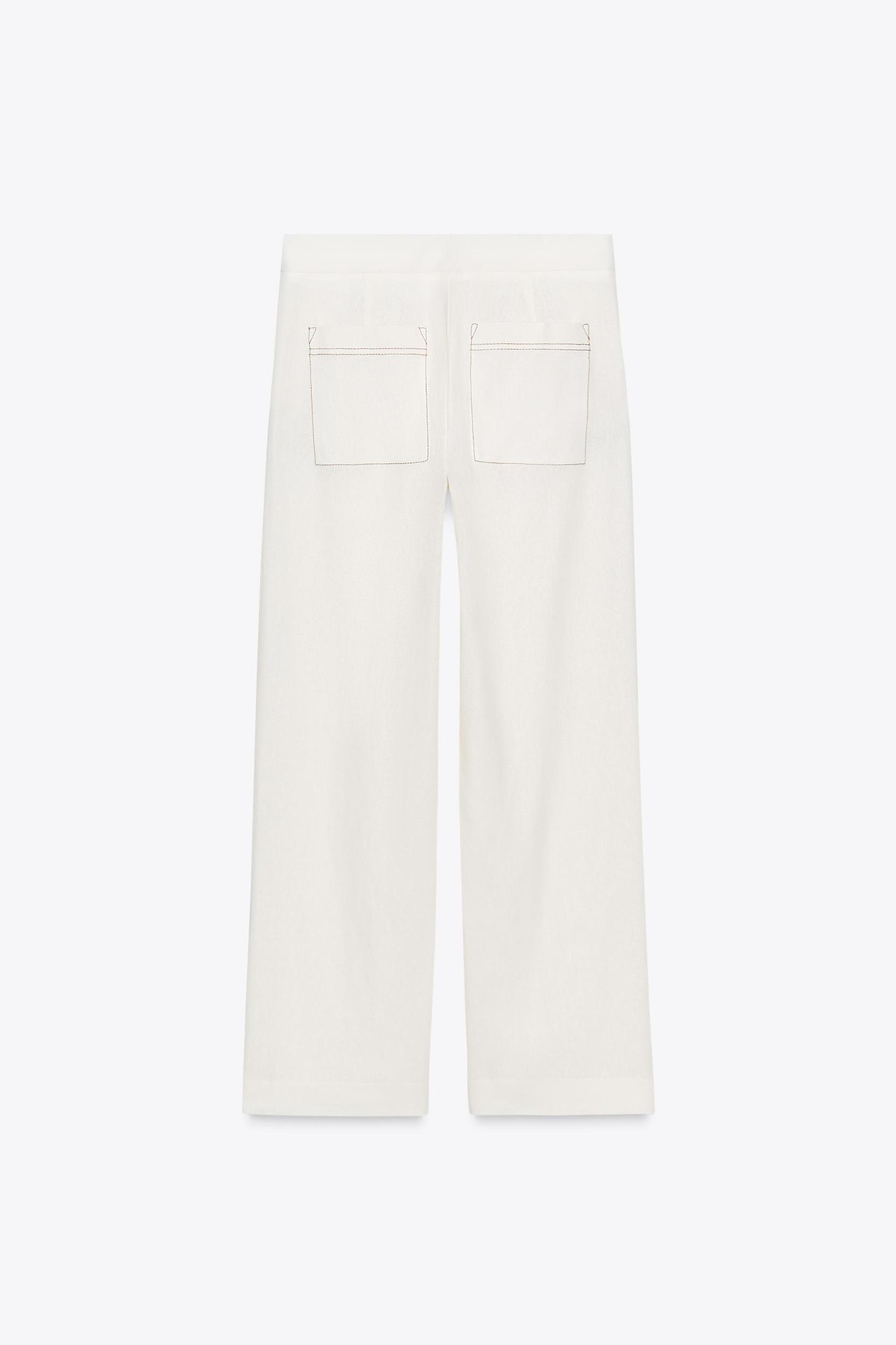 STRAIGHT LINEN PANTS WITH CONTRAST STITCHING Product Image