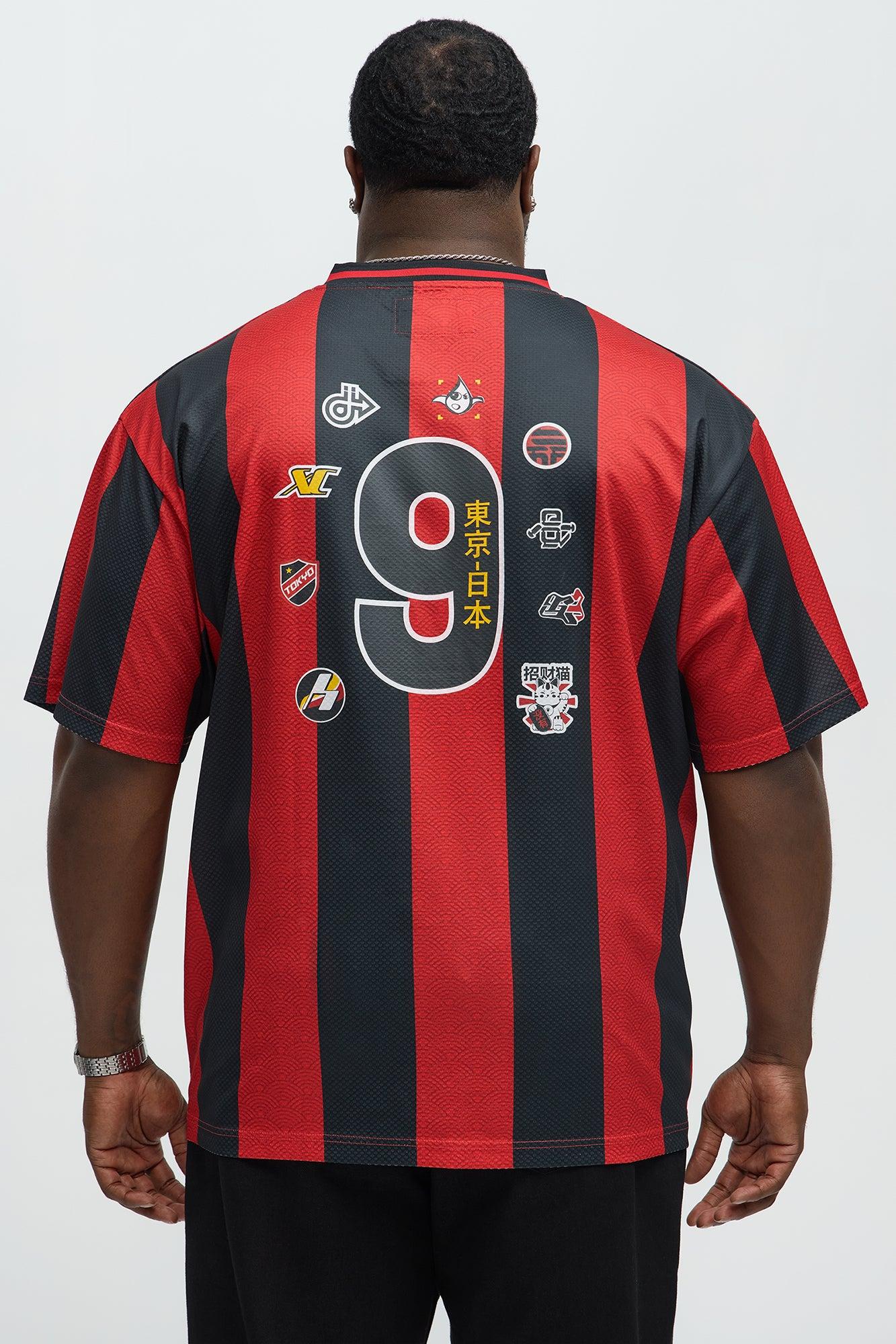 Tokyo Striped Short Sleeve Soccer Jersey - Red/Black Male Product Image