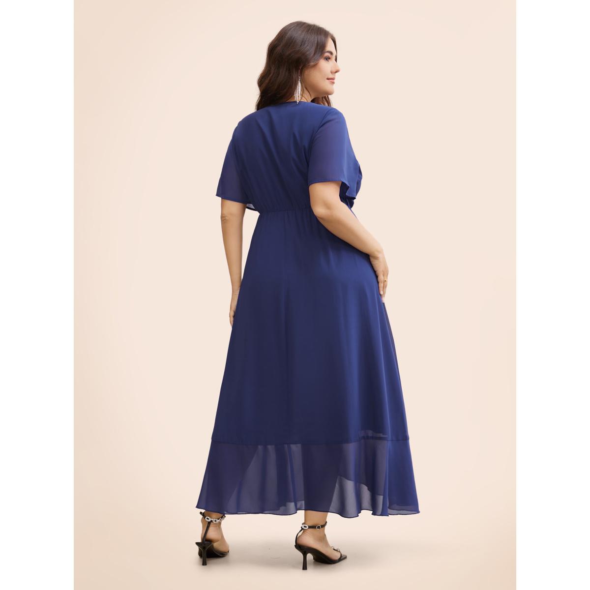 Plus Size Chiffon Overlap Collar Ruffle Sleeve Dress DarkBlue Women Formal See through Overlap Collar Short sleeve Curvy BloomChic 22-24/3X Product Image