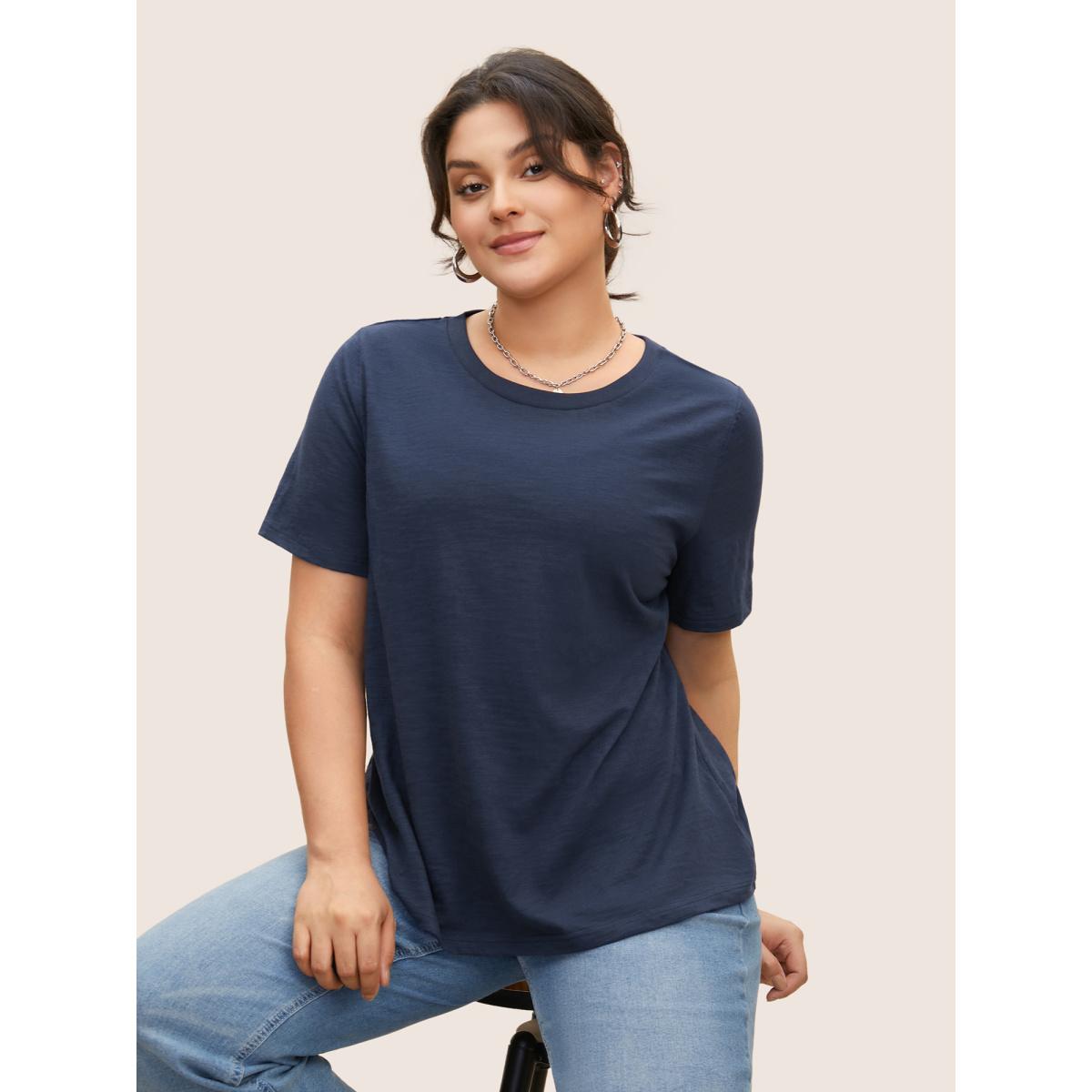 Plus Size Cotton Solid Crew Neck Pit Strip T-shirt Indigo Women Basics Non Round Neck Everyday T-shirts BloomChic 12/L Product Image