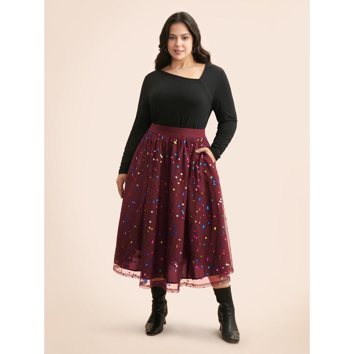 Plus Size Sequin Polka Dot Tiered Mesh Skirt Women Burgundy Cocktail Tiered Loose No stretch Side seam pocket Party Skirts BloomChic 14-16/1X Product Image