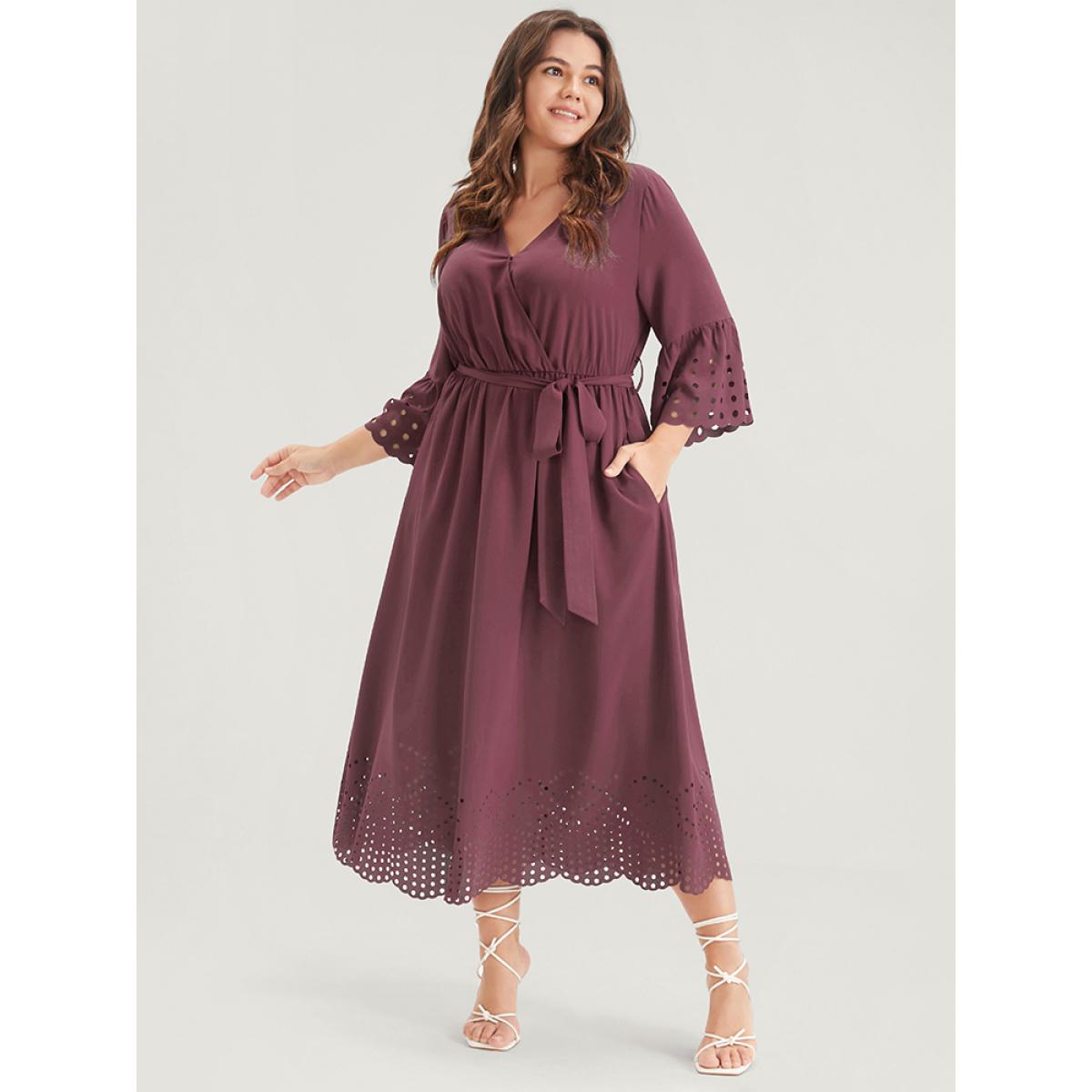 Plus Size Plain Scalloped Ruffles Pocket Laser Cut Belted Wrap Dress DustyPink Women Elegant Belted V-neck Elbow-length sleeve Curvy Midi Dress BloomChic 12/L Product Image
