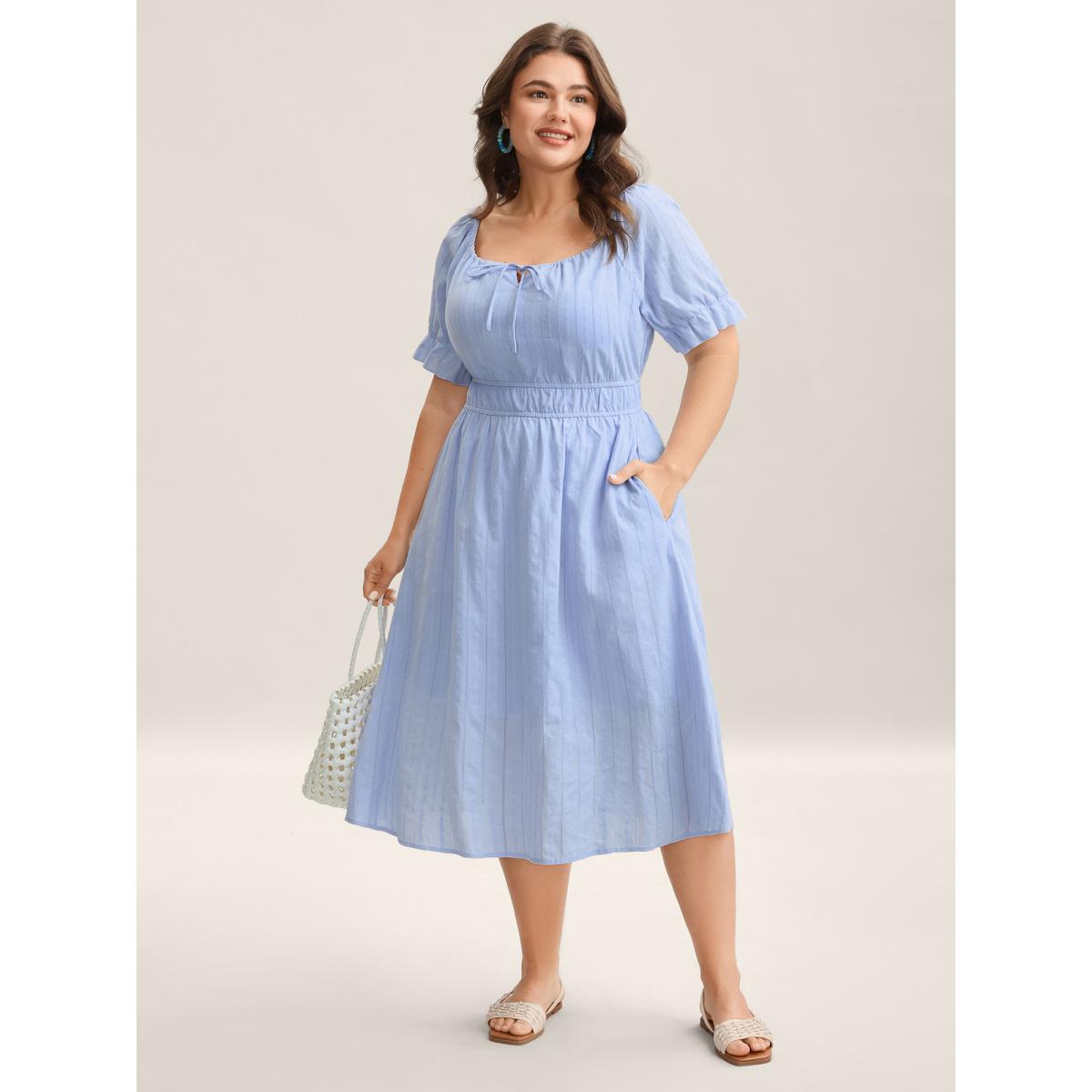 Plus Size Cotton Textured Neck-Tie Pockets Midi Dress LightBlue Women Round Neck Short sleeve Curvy BloomChic 28/5X Product Image