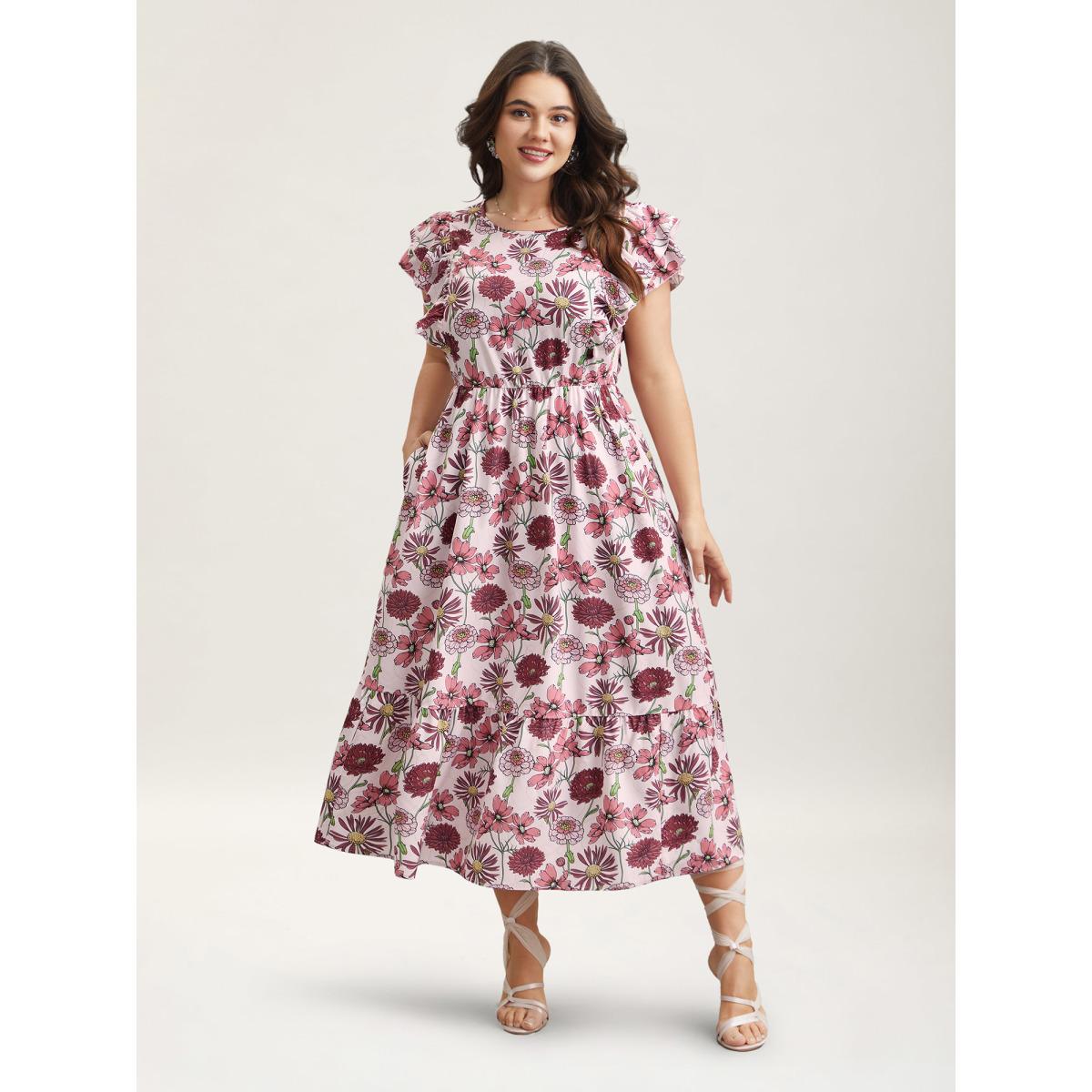 Plus Size Ruffled Floral Print Stretchy-Waist Midi Dress Multicolor Women Romantic Ruffles Round Neck Cap Sleeve Curvy BloomChic 22-24/3X Product Image