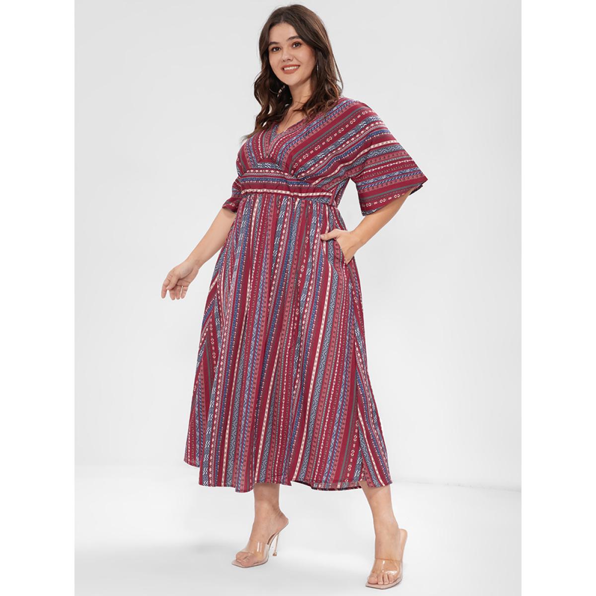 Plus Size Geometric V Neck Pocket Split Maxi Dress Burgundy Women Vacation Printed V-neck Short sleeve Curvy Midi Dress BloomChic 14-16/1X Product Image