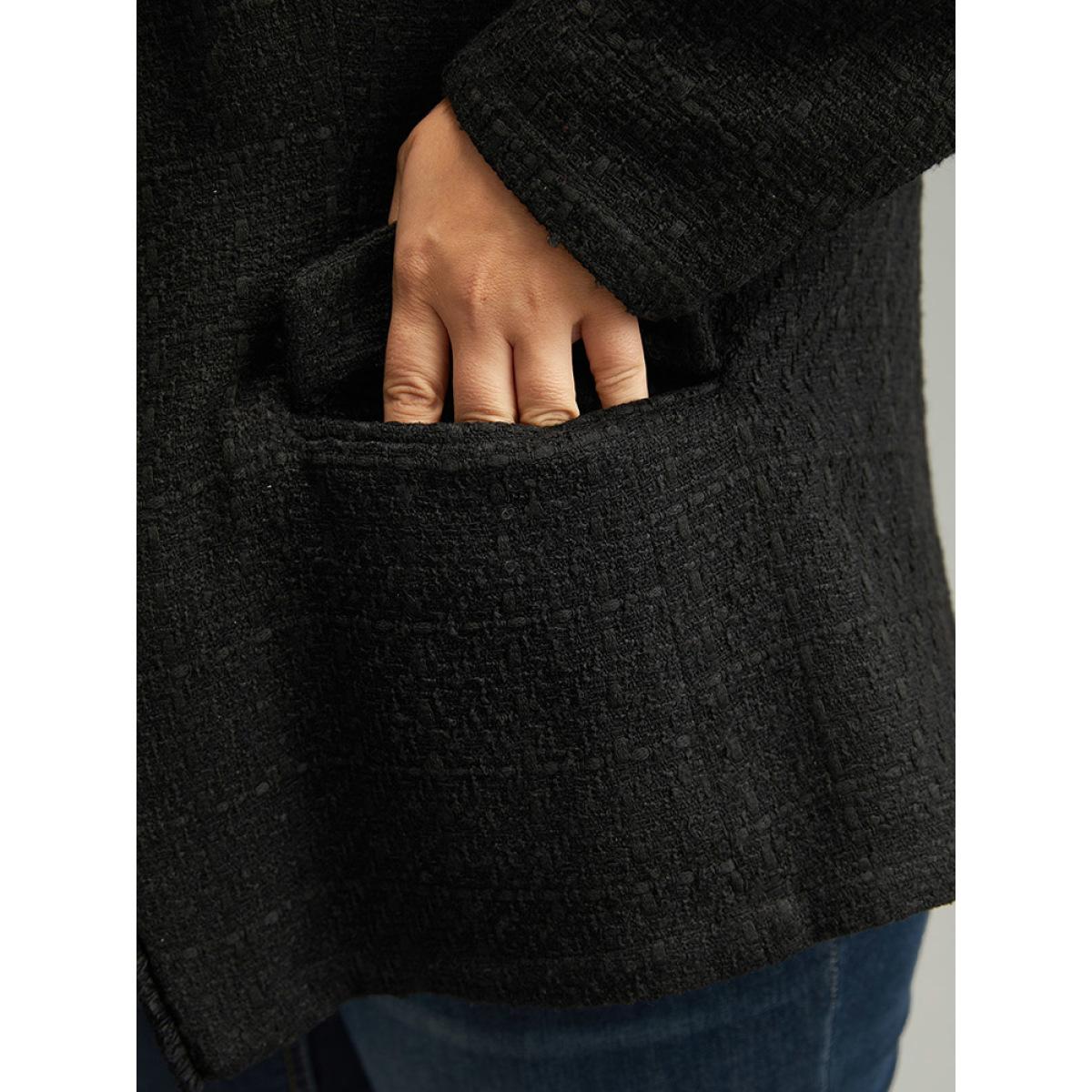 Plus Size Plain Tweed Plisse Pocket Button Through Blazer Black Women Dailywear Plain Texture Sleeve Long Sleeve Suit Collar 12/L Pocket Elegant Blazers BloomChic Product Image
