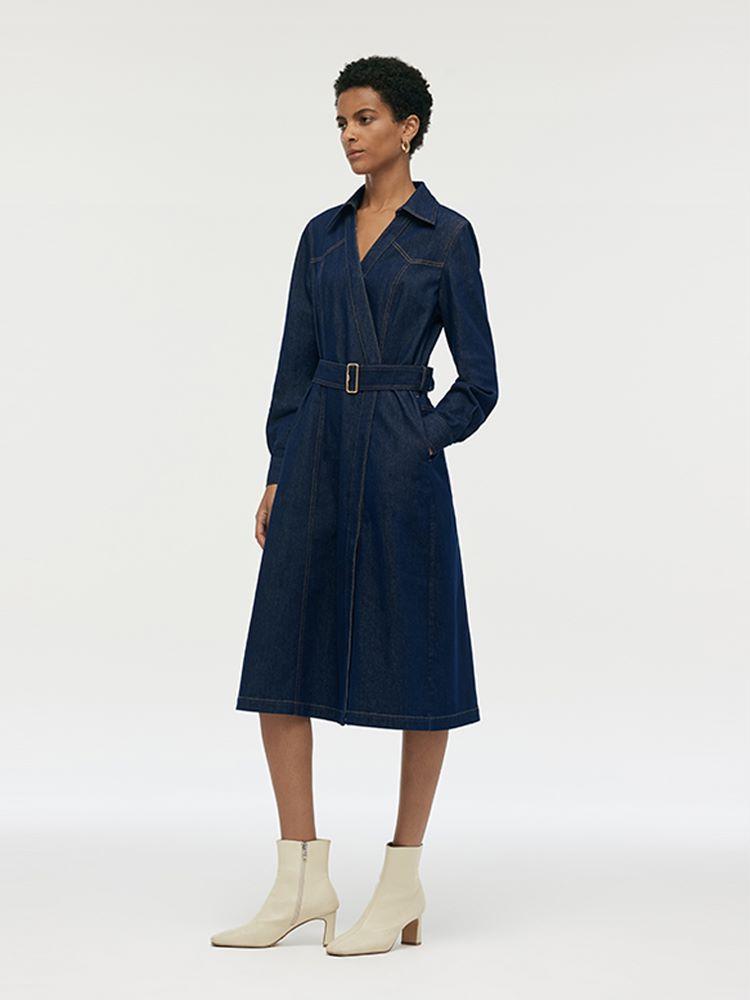 Denim Lapel Women Midi Dress With Belt Product Image
