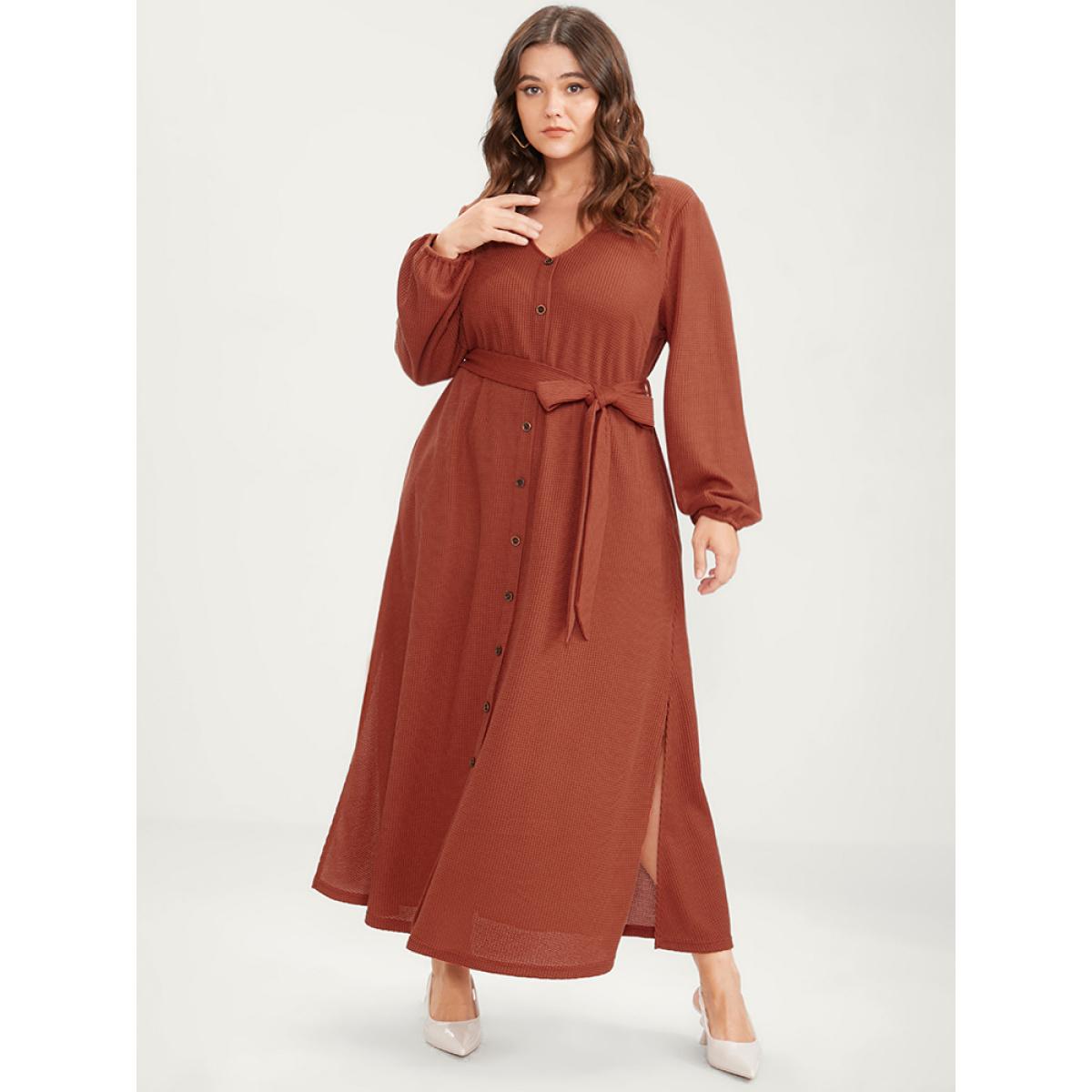 Plus Size Solid Lantern Sleeve Pocket Button Detail Waffle Knit Belted Dress Rust Women Elegant Button V-neck Long Sleeve Curvy Long Dress BloomChic 10/M Product Image