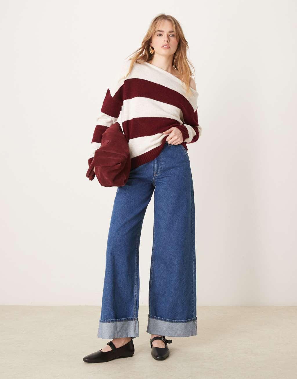 ASOS DESIGN one shoulder knit sweater in burgundy stripe Product Image