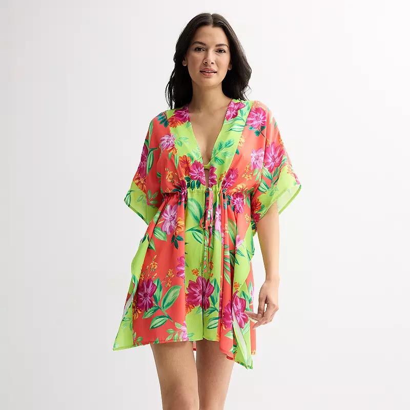 Women's Freshwater Tie Front Floral Print Swim Cover-Up Caftan Tunic, Size: Large, Radiant Garden Product Image