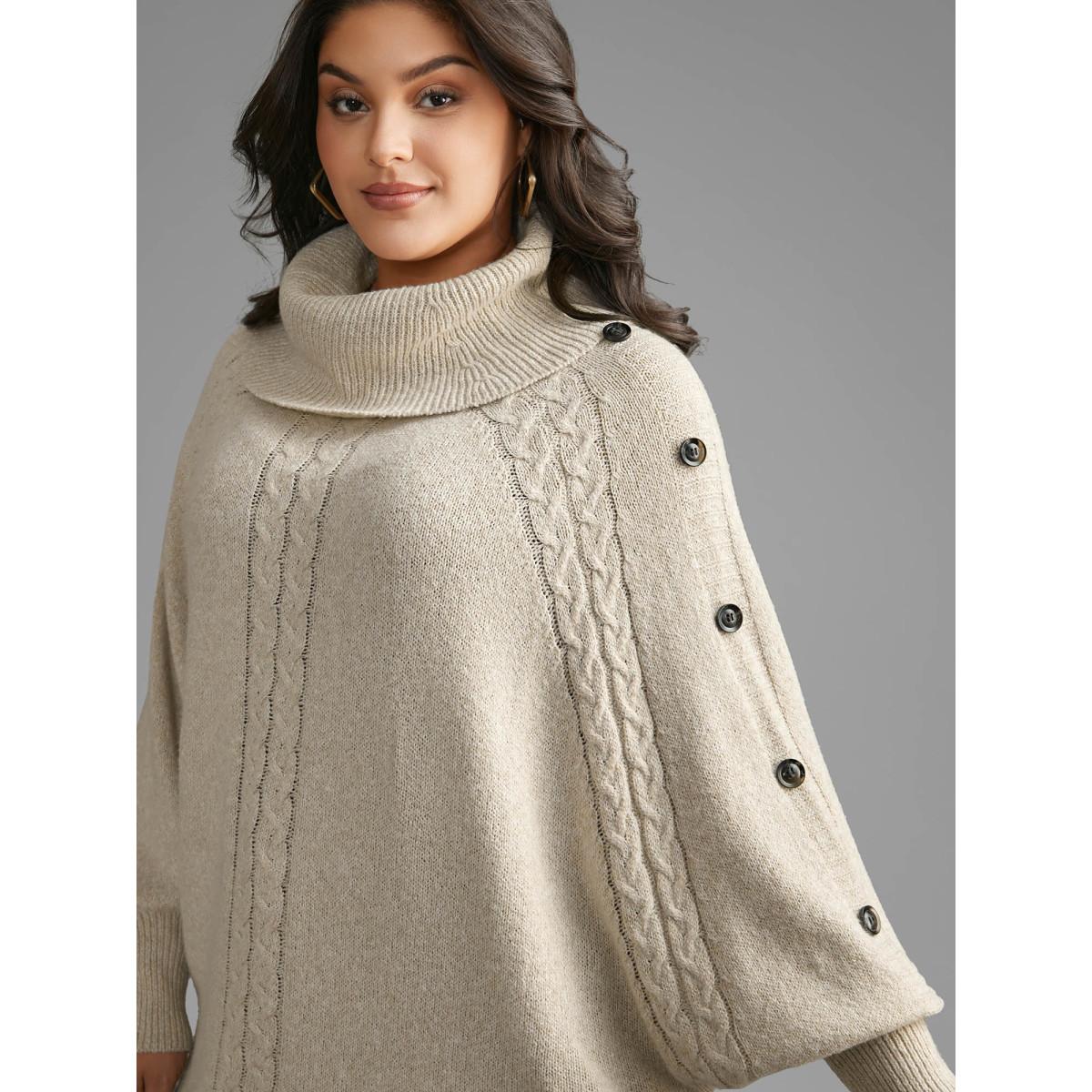 Plus Size Turtleneck Cable Knit Asymmetrical Hem Pullover Champagne Women Leisure Loose Long Sleeve Ruffled collar Casual Pullovers BloomChic 26/4X Product Image