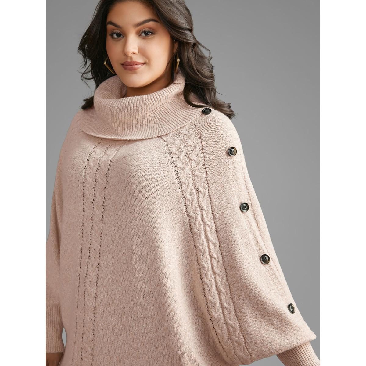 Plus Size Turtleneck Cable Knit Asymmetrical Hem Pullover Nudepink Women Casual Loose Long Sleeve Ruffled collar Everyday Pullovers BloomChic 14-16/1X Product Image