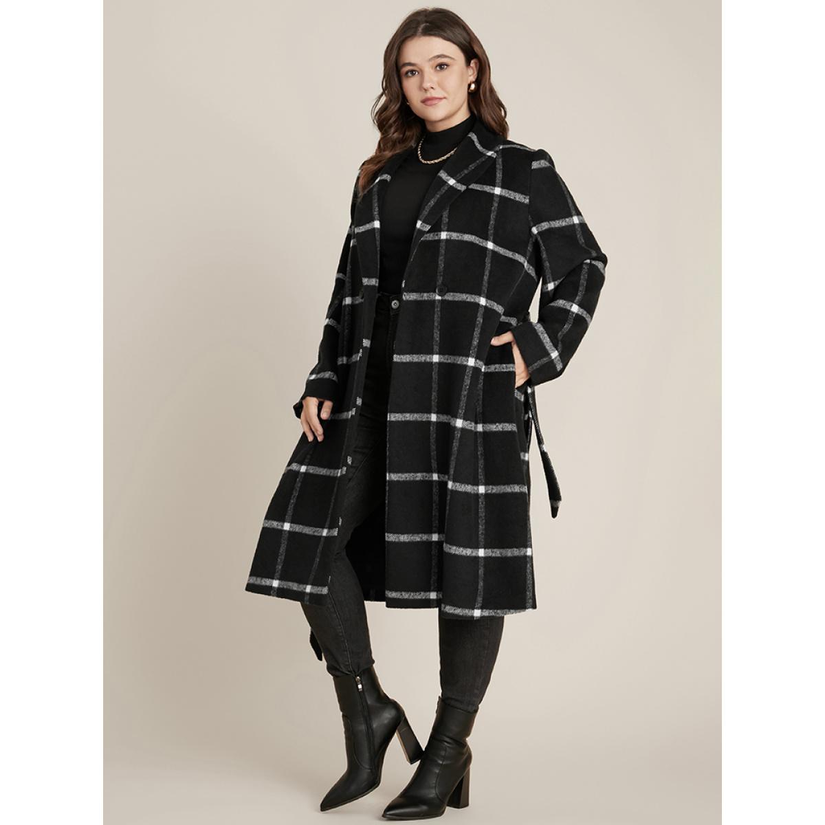 Plus Size Plaid Lapel Collar Belted Pocket Coat Women Black Elegant Belted Ladies Dailywear Winter Coats BloomChic 10/M Product Image