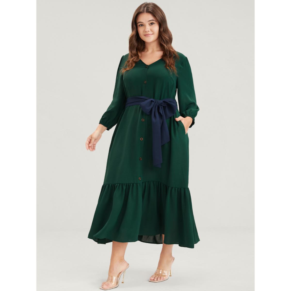 Plus Size Solid Lantern Sleeve Pocket Button Flutter Hem Contrast Belted Dress Green Women Casual Belted V-neck Elbow-length sleeve Curvy Long Dress BloomChic 28/5X Product Image