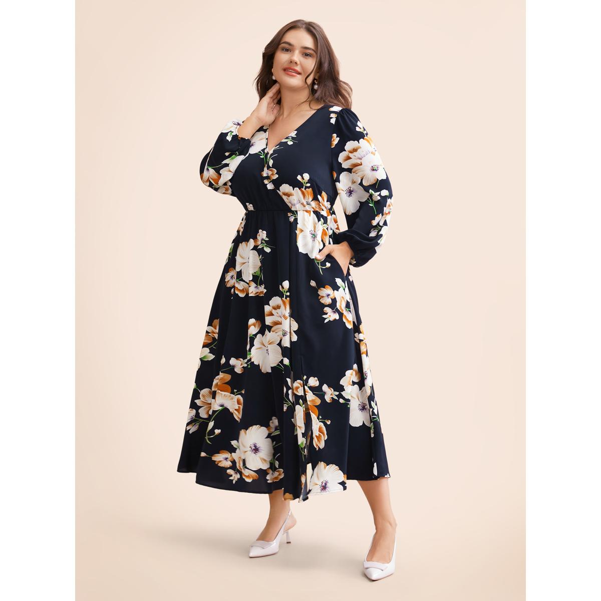 Plus Size Bloom Dress - Floral Lantern Sleeve Pocket Split Surplice Neck Flutter Maxi Dress DarkBlue Women Elegant Printed V-neck Long Sleeve Curvy Long Dress BloomChic 30/6X Product Image