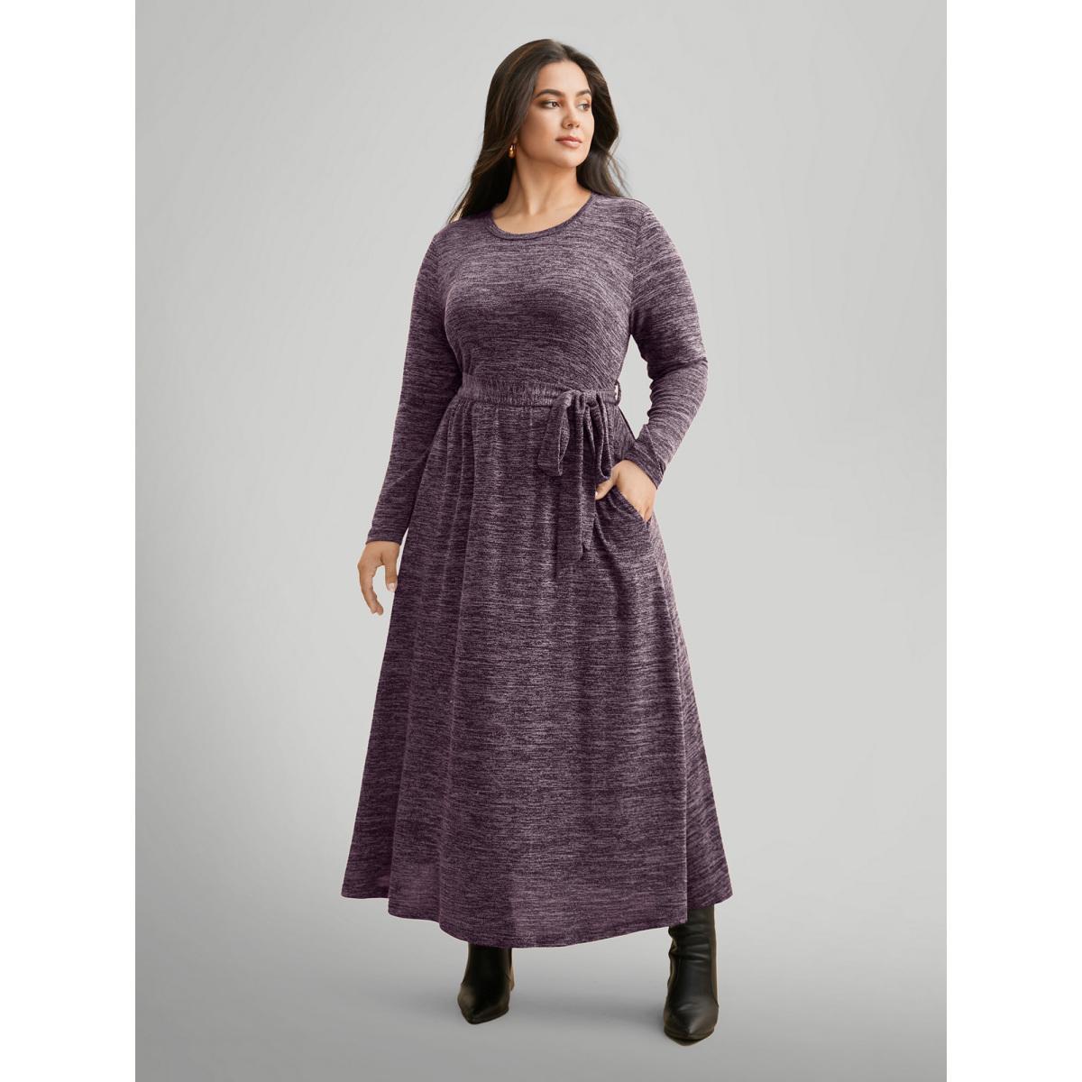 Plus Size Round Neck Heather Belted Dress Deeppurplered Women At the Office Texture Round Neck Long Sleeve Curvy BloomChic 26/4X Product Image