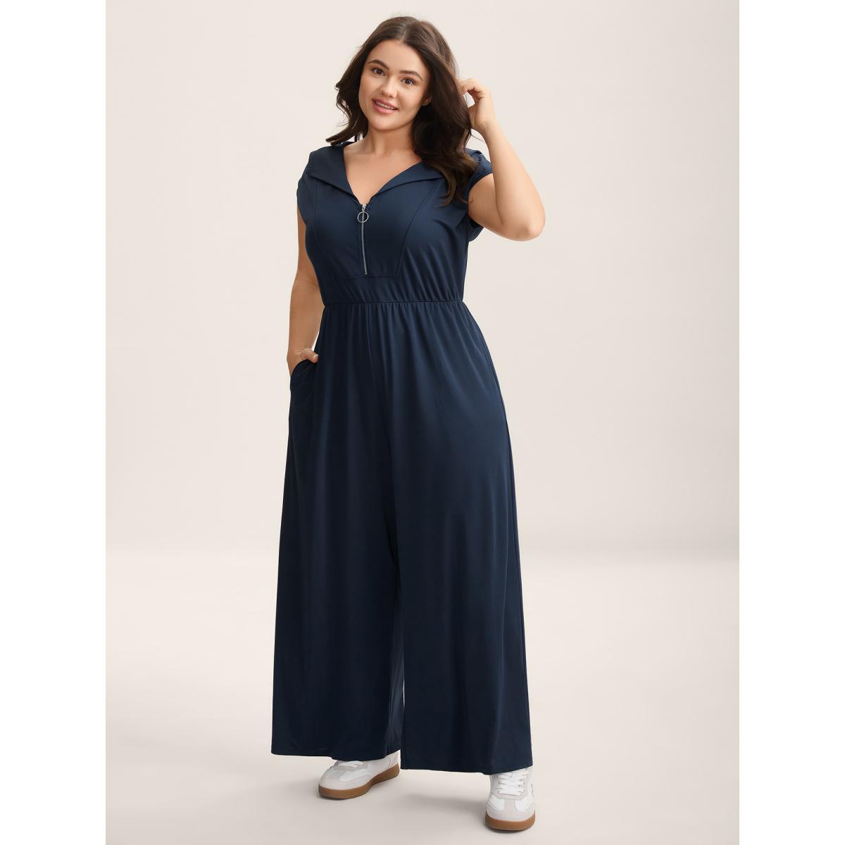 Plus Size Navy Zipper Front Pockets Collar Jumpsuit Women Cap Sleeve V-neck Everyday-Casual Loose Jumpsuits BloomChic 30/6X Product Image