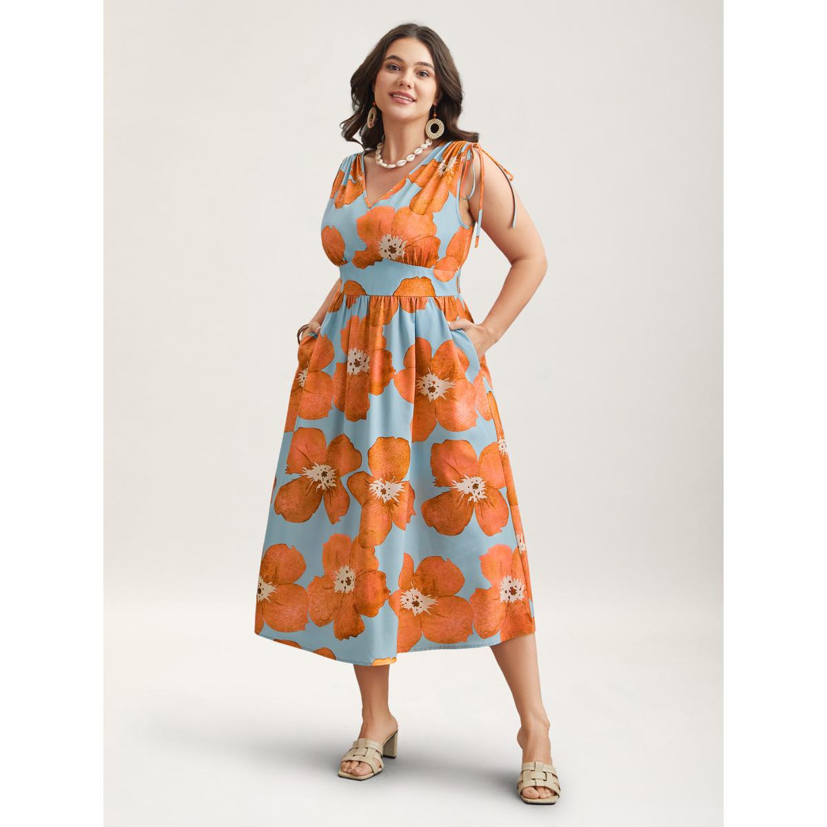 Plus Size Floral Print V-Neck Tied Midi Dress LightBlue Women Romantic Gathered V-neck Sleeveless Curvy BloomChic 18-20/2X Product Image