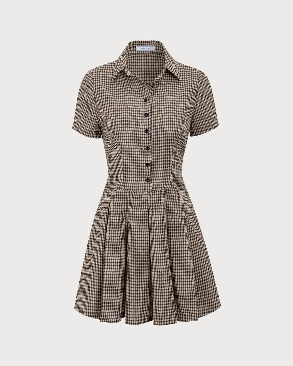 Brown Plaid Lapel Pleated Mini Dress Product Image