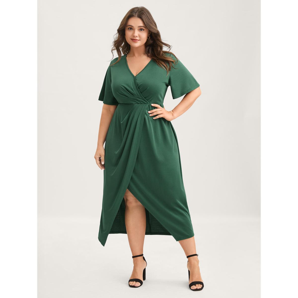 Plus Size Wrap Gathered Solid Surplice Midi Dress DarkGreen Women Overlap Collar Short sleeve Curvy BloomChic 26/4X Product Image