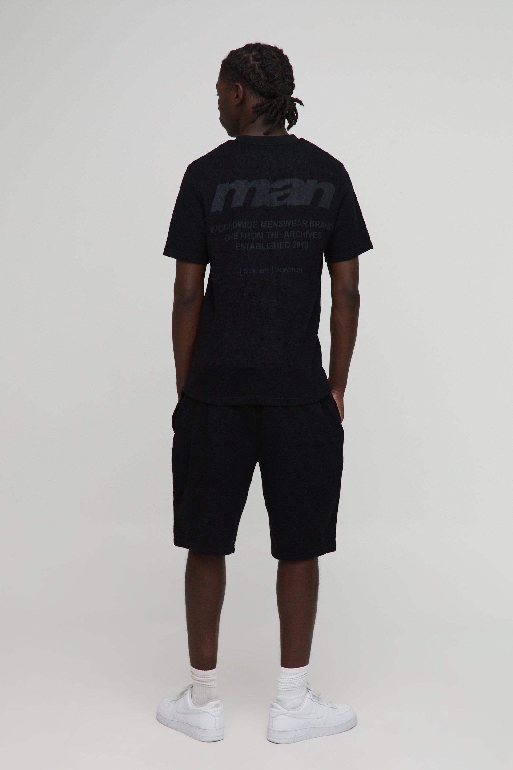 Slim MAN Printed Waffle T-shirt And Short Set | boohooMAN USA Product Image