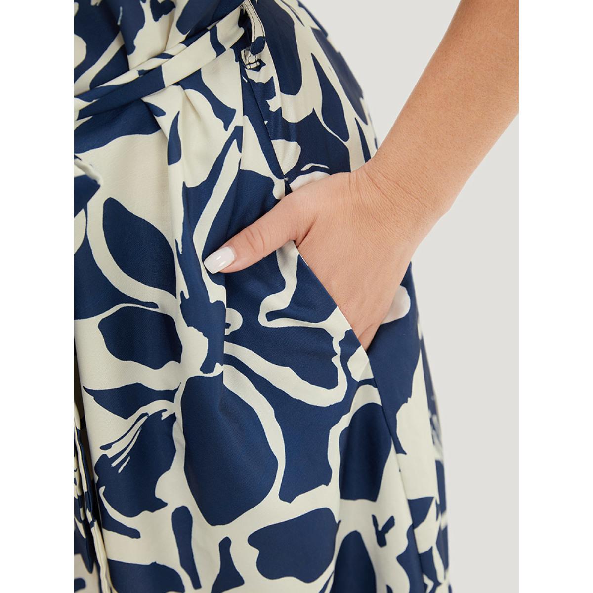 Plus Size Geometric Print Flutter Pocket Belt Shirt Collar Dress DarkBlue Women Elegant Lapel Collar Short sleeve Curvy Knee Dress BloomChic 30/6X Product Image