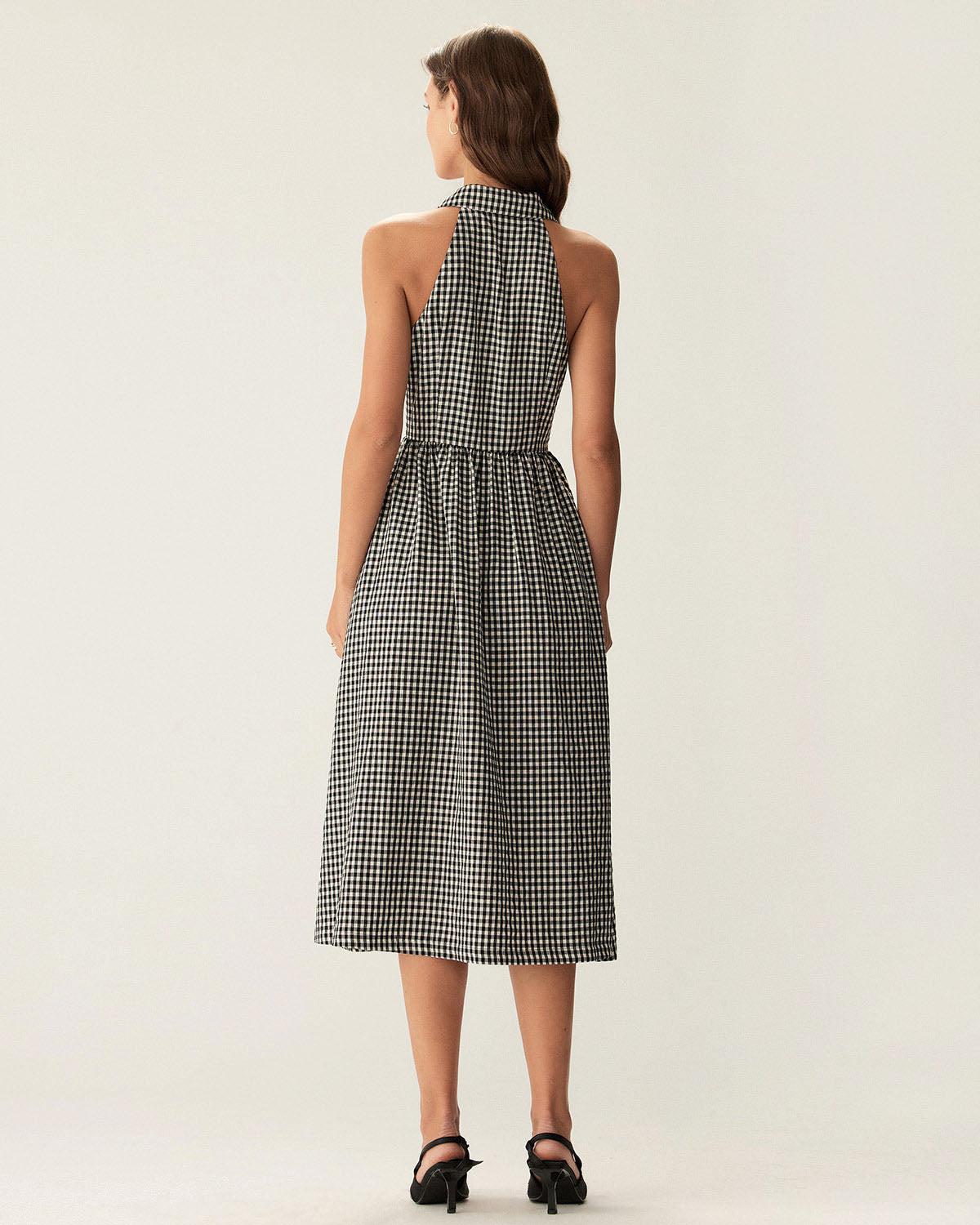 Black Plaid Sleeveless Button Midi Dress Product Image