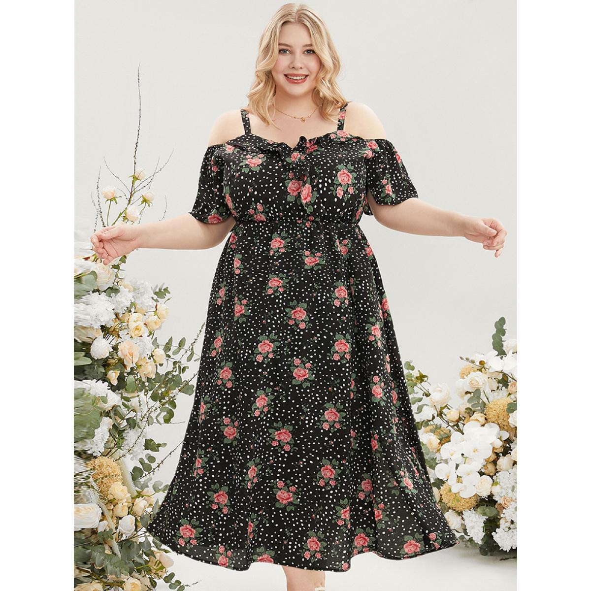 Plus Size Floral & Polka Dot Ruffle Trim Pocket Cold Shoulder Split Dress BlackFlower Women Elegant Adjustable Straps Cold Shoulder Short sleeve Curvy Long Dress BloomChic 28/5X Product Image