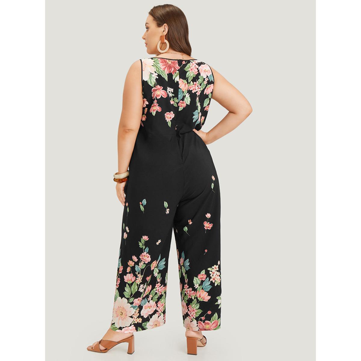 Plus Size Black Floral Square Neck Zip Back Pocket Jumpsuit Women Elegant Sleeveless Square Neck Dailywear Loose Jumpsuits BloomChic 28/5X Product Image